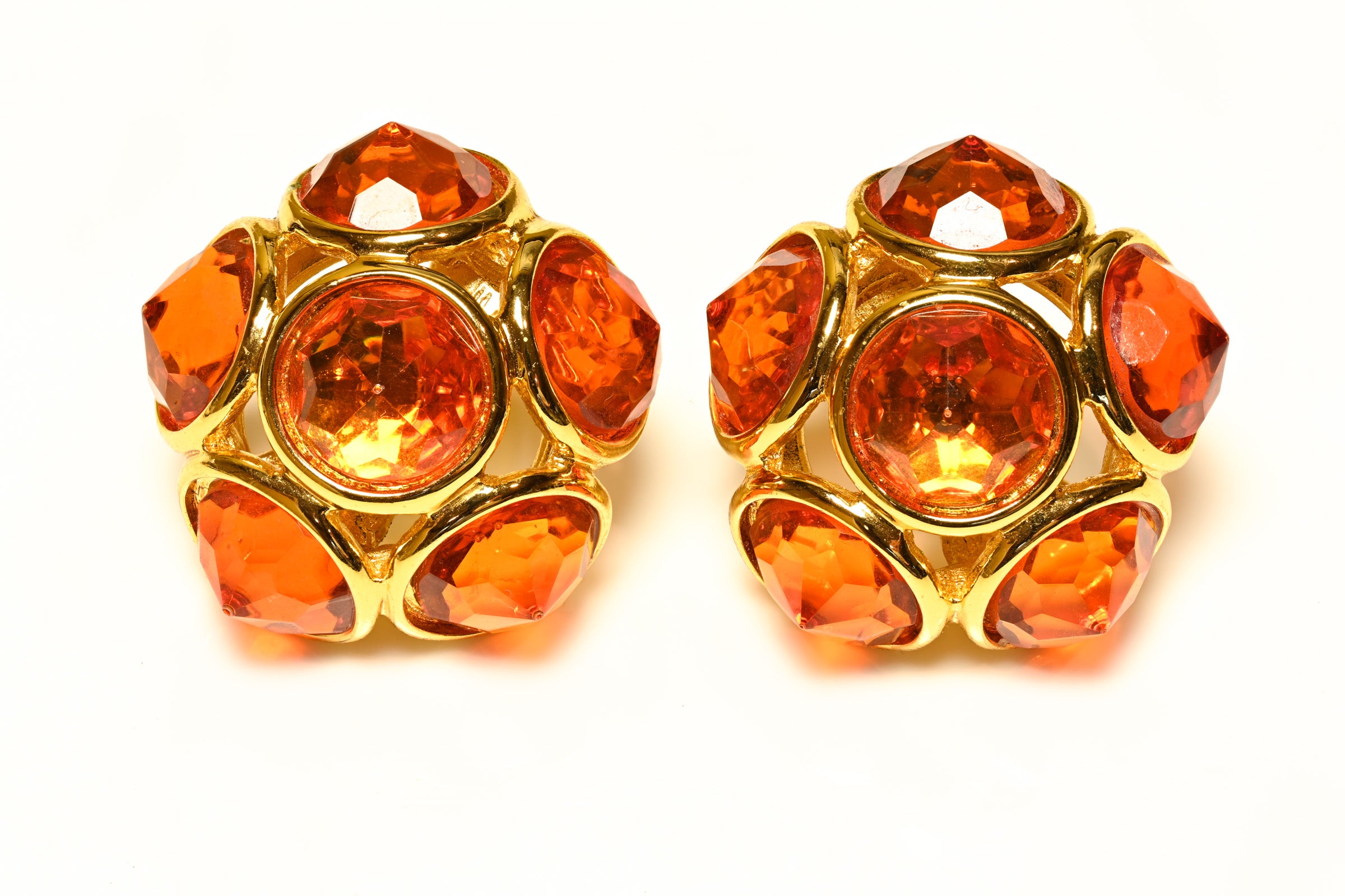 Vintage Yves Saint Laurent Orange Crystal Large Dome Earrings 1
