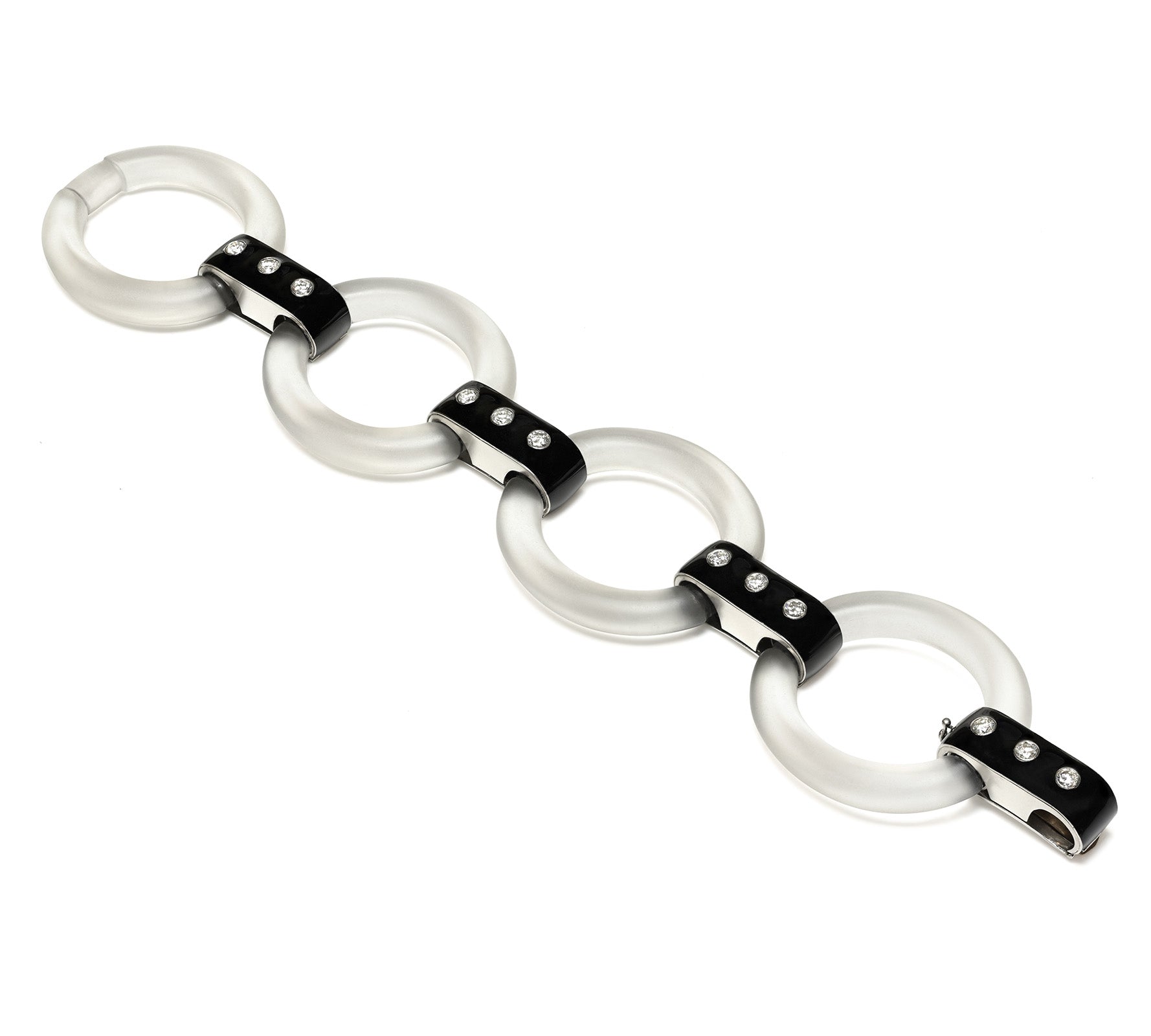 Vintage Rock Crystal, Black Enamel Diamond Link Bracelet