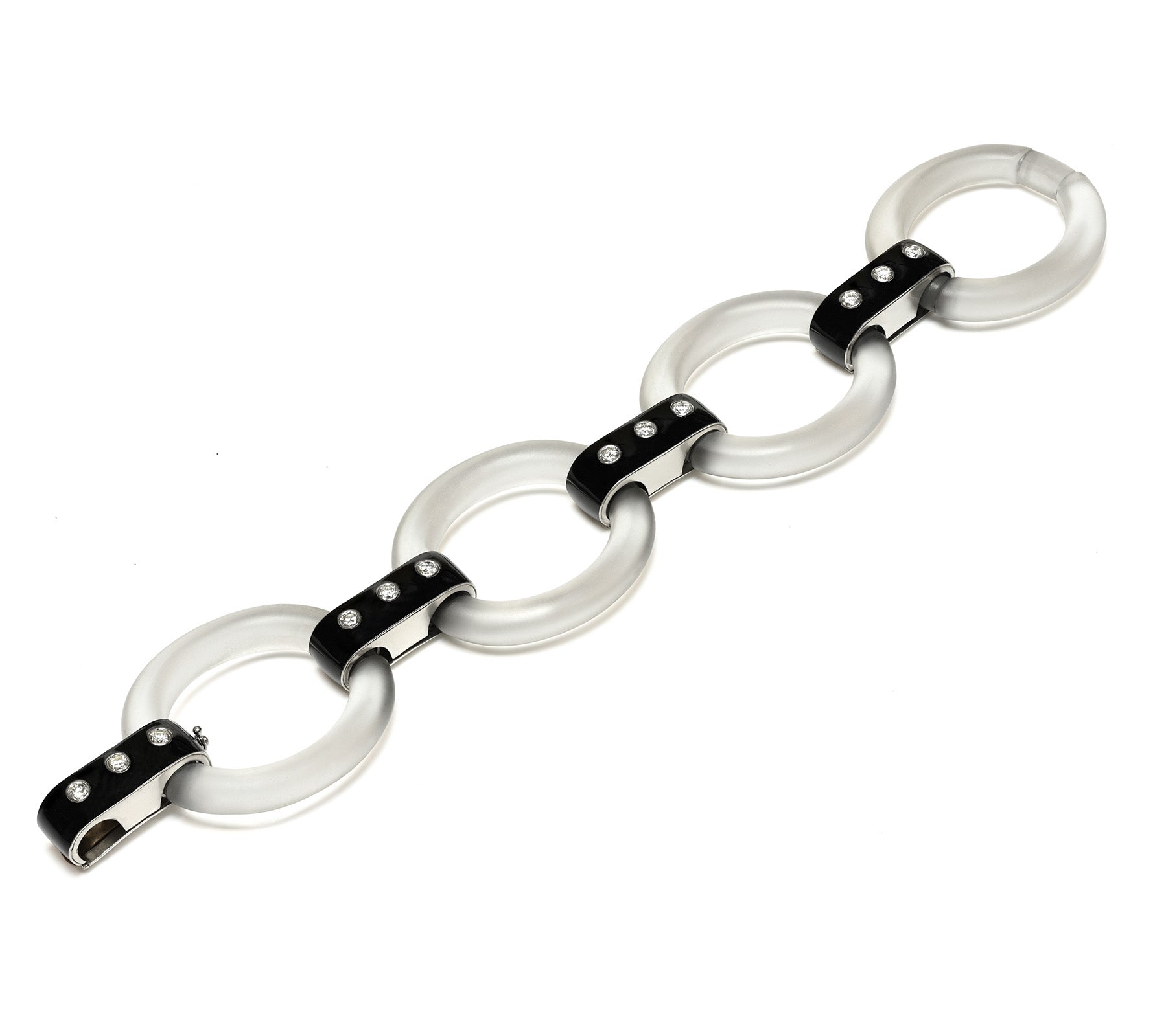 Wide Art Deco Crystal, Black Enamel Diamond Link Bracelet