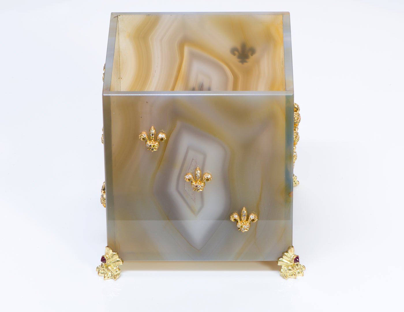 Agate 18K Gold Fleur-de-Lis Diamond Cube Box