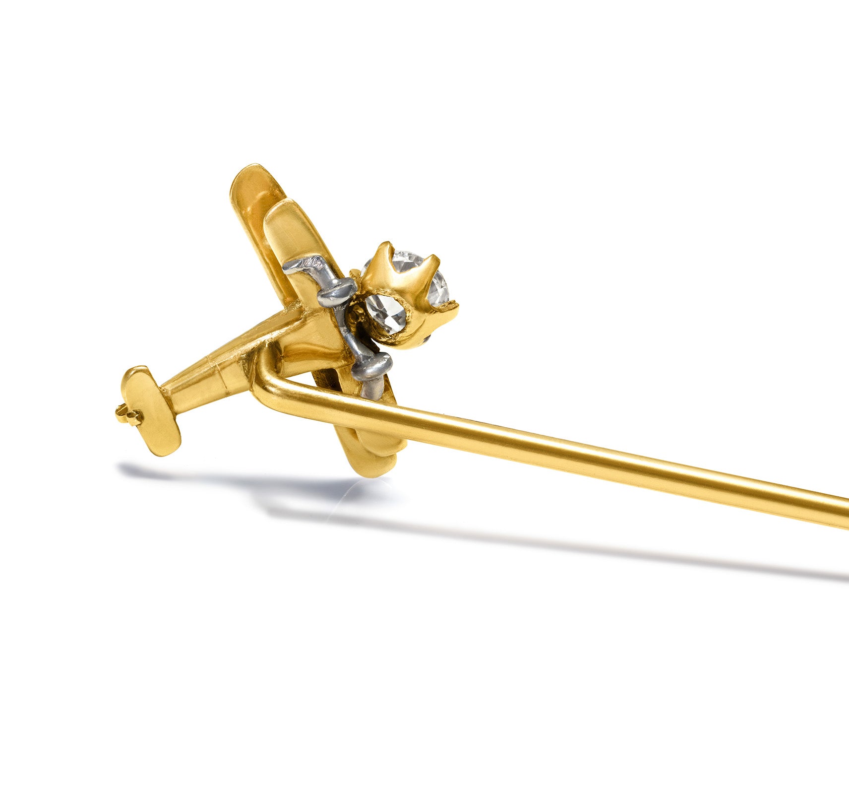 Antique Gold Airplane Stick Pin with 0.25 Carat Old Mine Cut Diamond