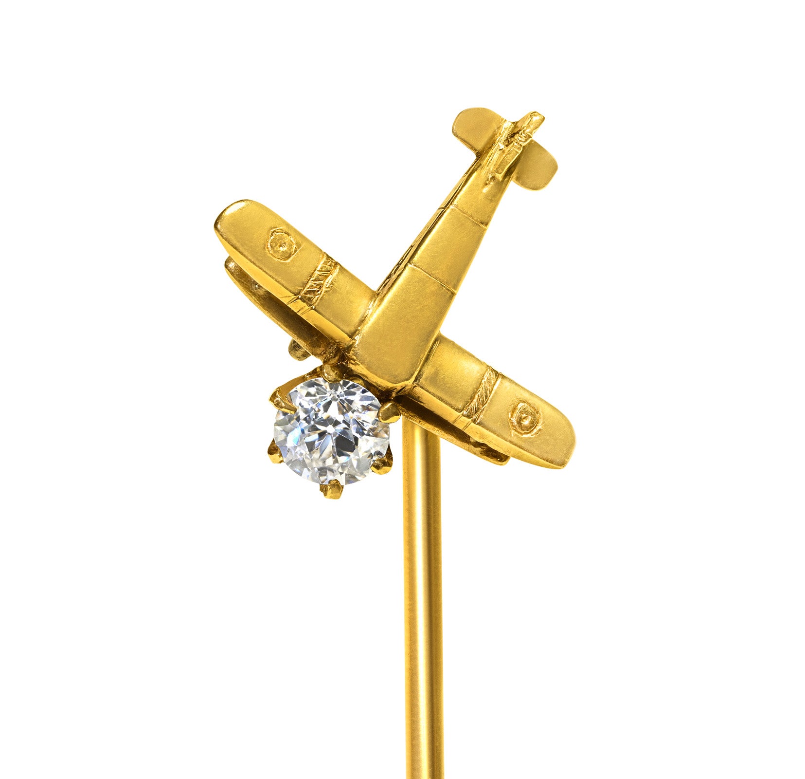 Antique Gold Airplane Stick Pin with 0.25 Carat Old Mine Cut Diamond