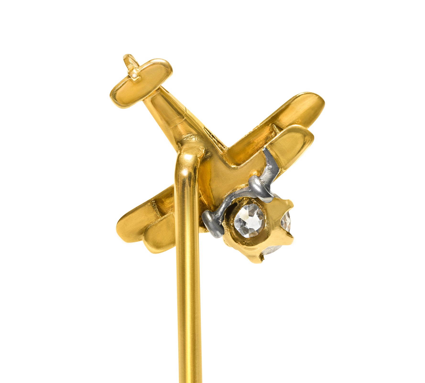 Antique Gold Airplane Stick Pin with 0.25 Carat Old Mine Cut Diamond