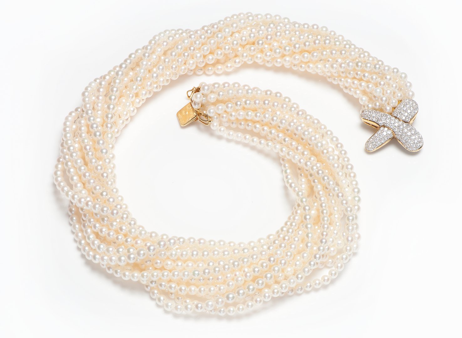 Akoya Pearl 18K Gold Diamond Multi Strand Twist Necklace