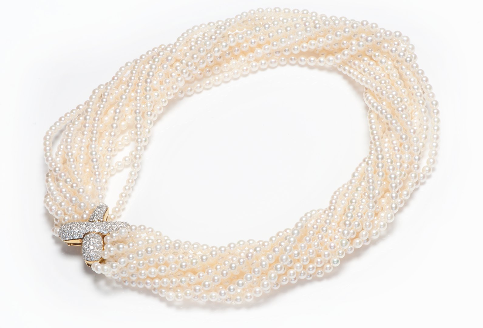 Akoya Pearl 18K Gold Diamond Multi Strand Twist Necklace