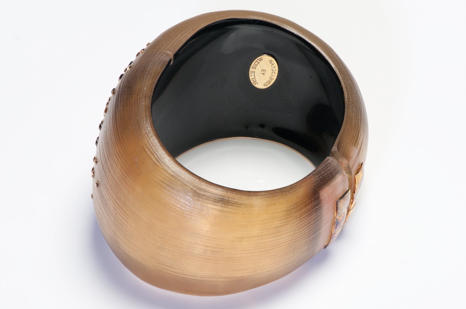 Alexis Bittar Wide Brown Lucite Pearl Crystal Bangle Bracelet