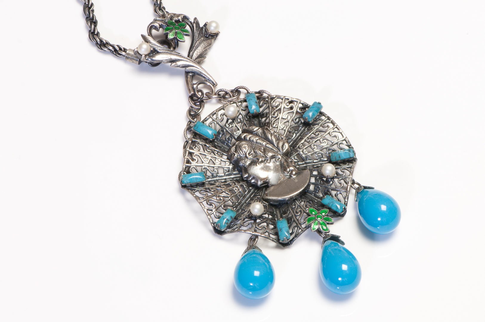 Alice Caviness Victorian Style Lady Web Blue Glass Beads Necklace Earrings Set