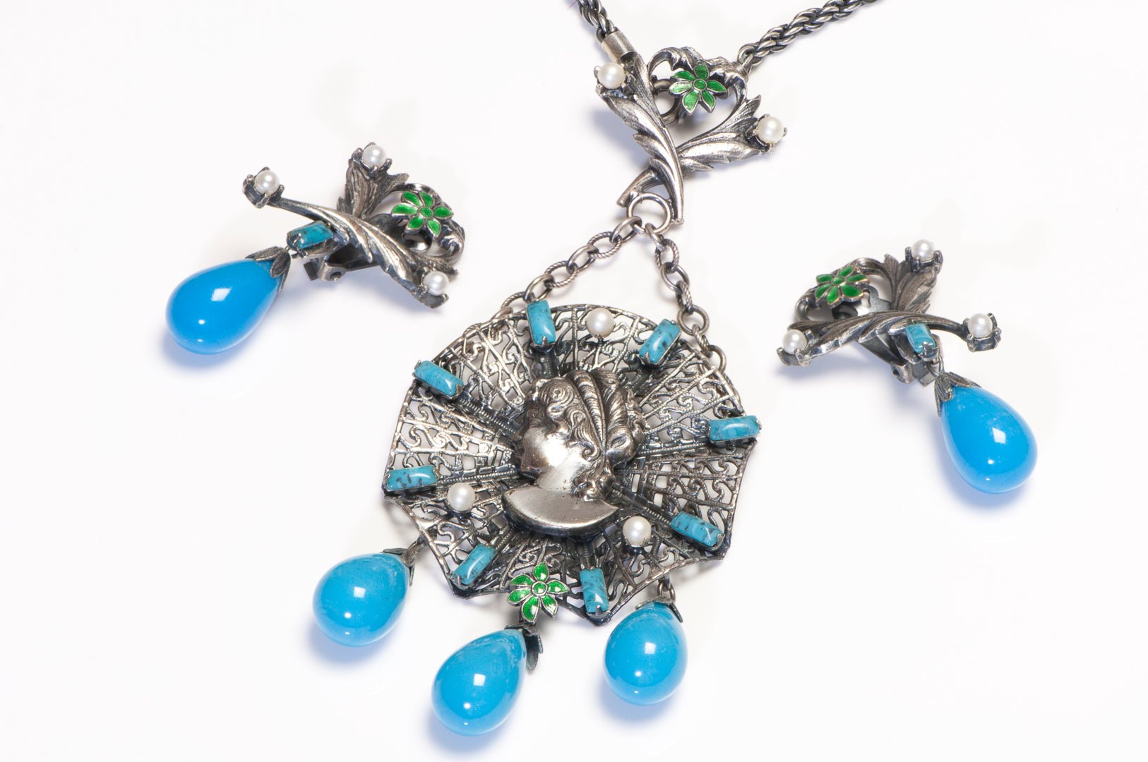 Alice Caviness Victorian Style Lady Web Blue Glass Beads Necklace Earrings Set
