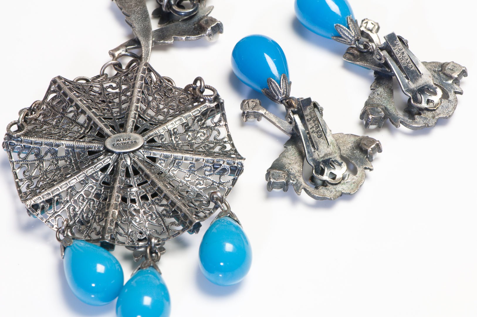 Alice Caviness Victorian Style Lady Web Blue Glass Beads Necklace Earrings Set