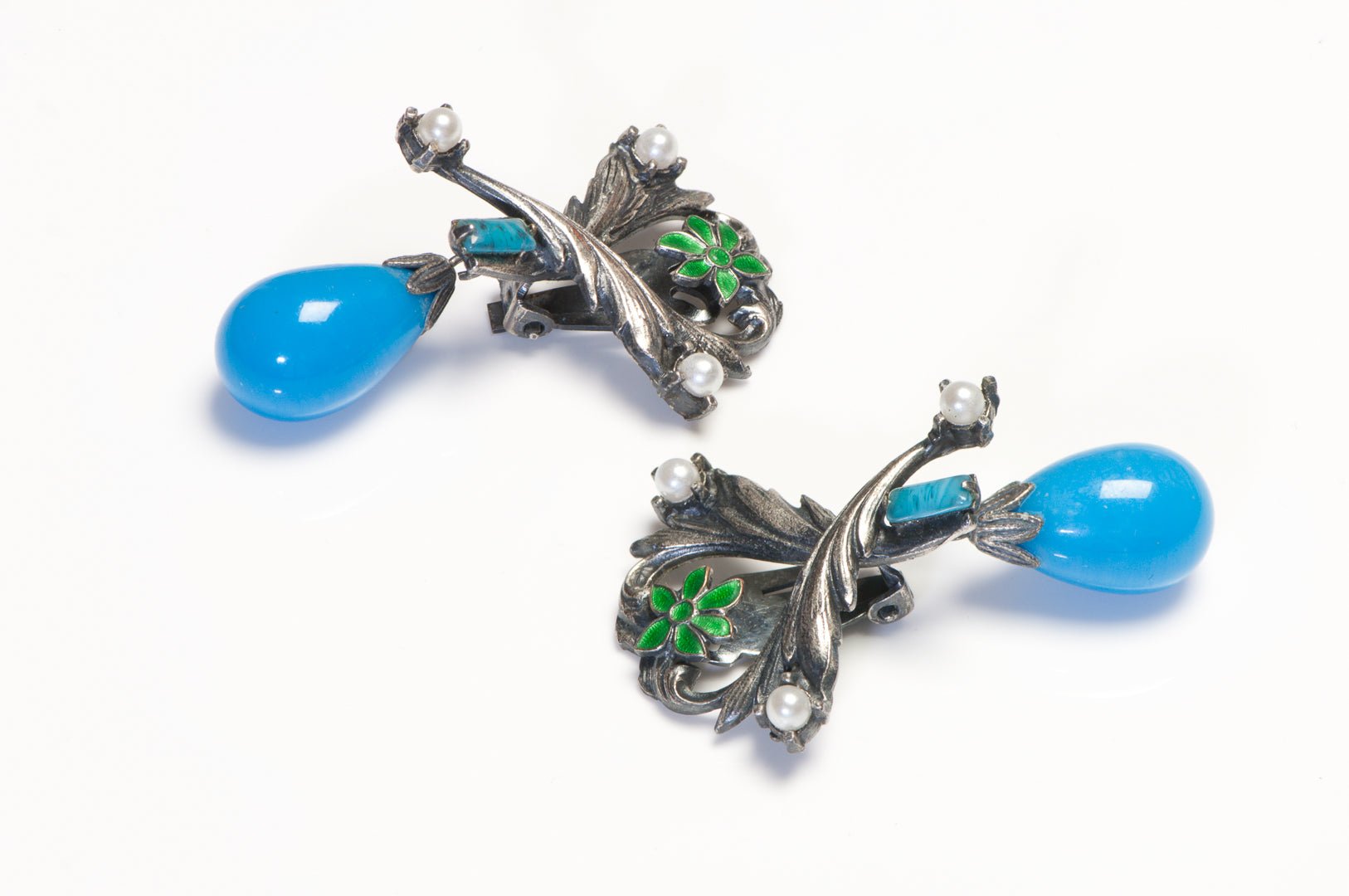 Alice Caviness Victorian Style Lady Web Blue Glass Beads Necklace Earrings Set