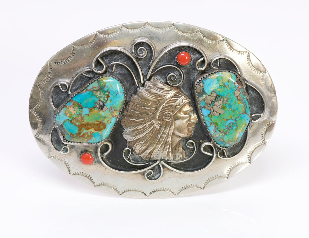 American Indian Chief Turquoise Coral Belt Buckle display picture 2