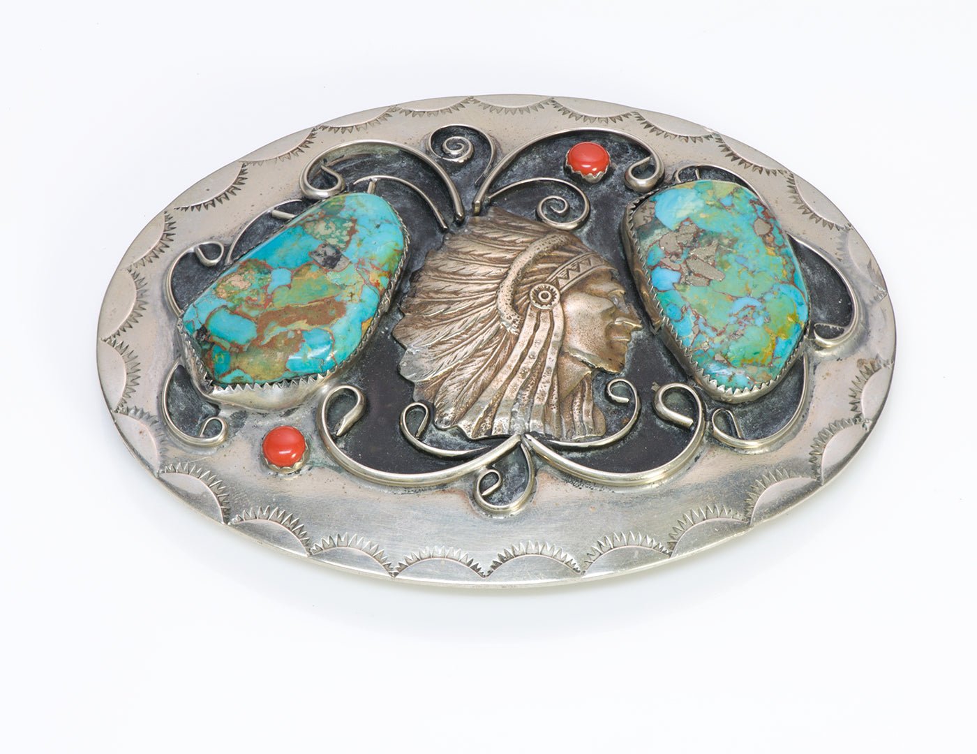 American Indian Chief Turquoise Coral Belt Buckle