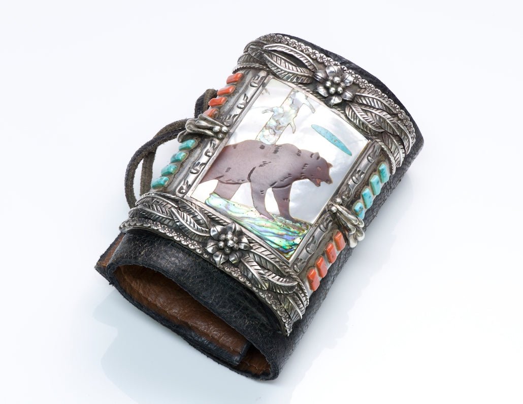 American Indian Leather Coral Mother of Pearl Silver Bear Bracelet