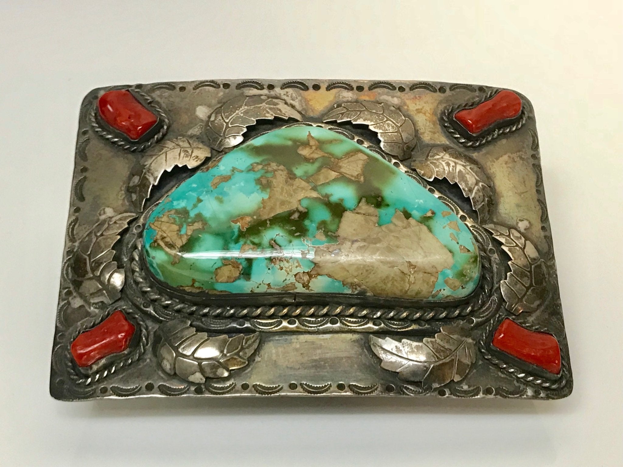 American Indian Silver Coral Turquoise Belt Buckle
