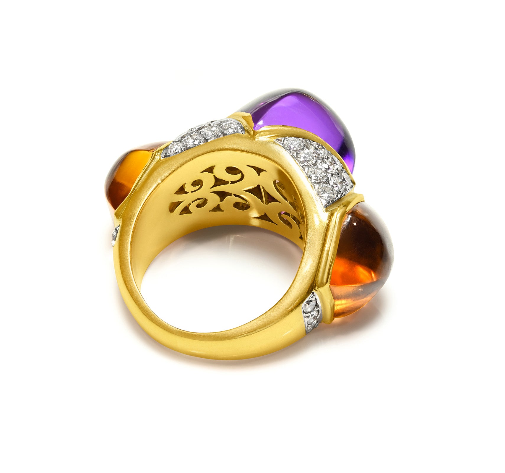 Bold Amethyst & Citrine Cabochon Ring with Diamonds 18K Gold