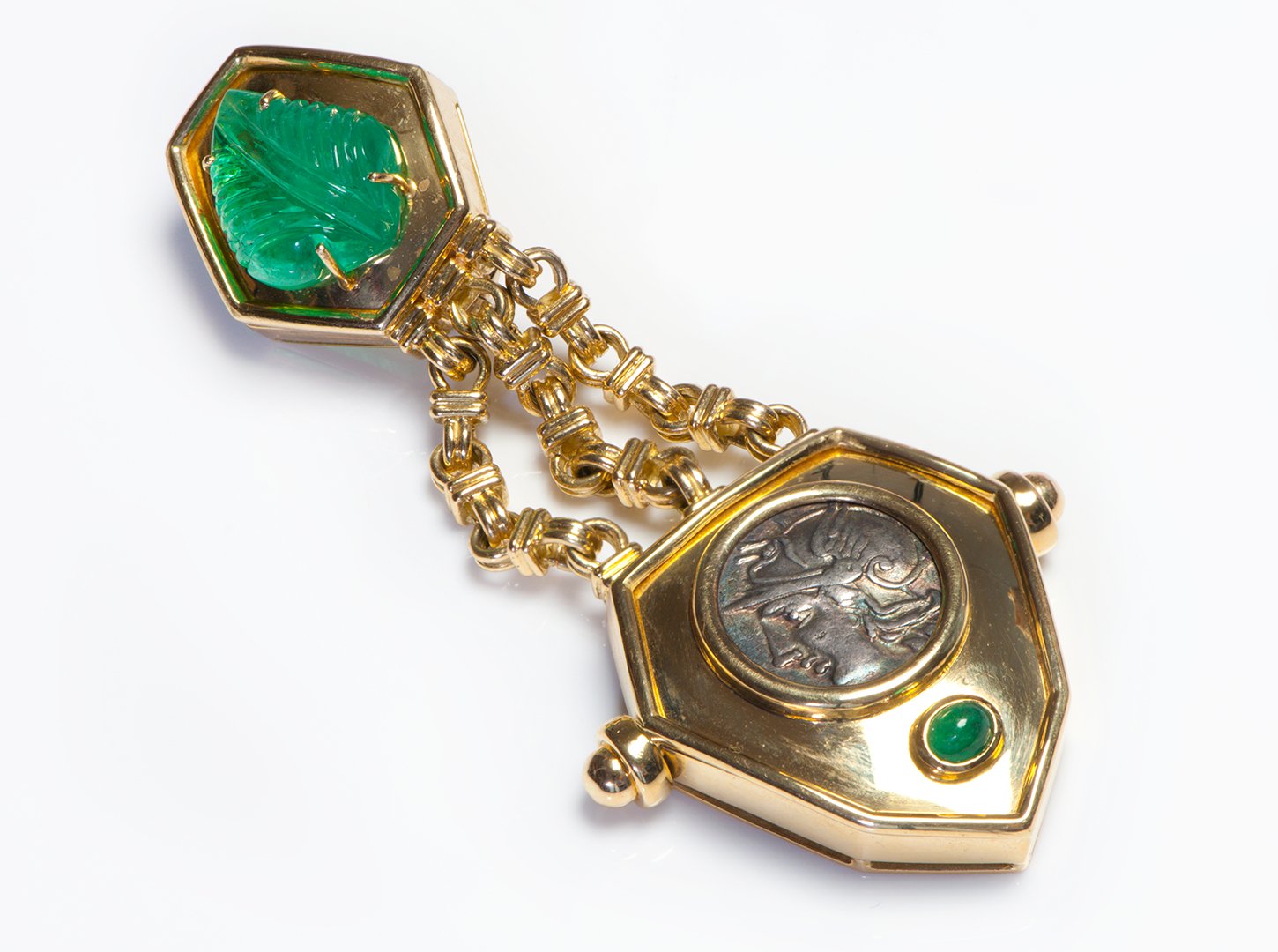 Ancient Roman Coin Carved Emerald 18K Gold Fob Brooch