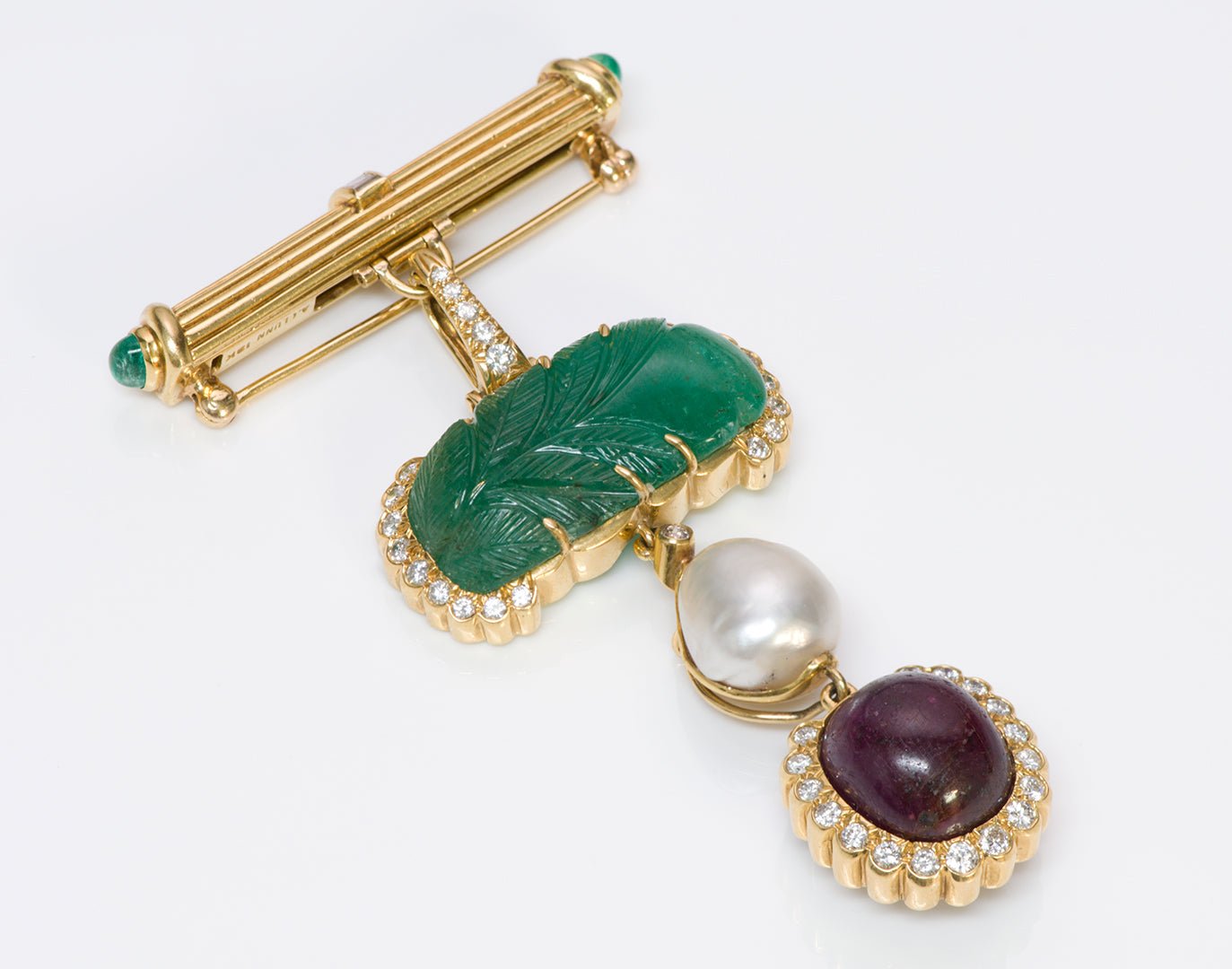 Andrew Clunn 18K Gold Emerald Diamond Pearl Ruby Pendant Pin