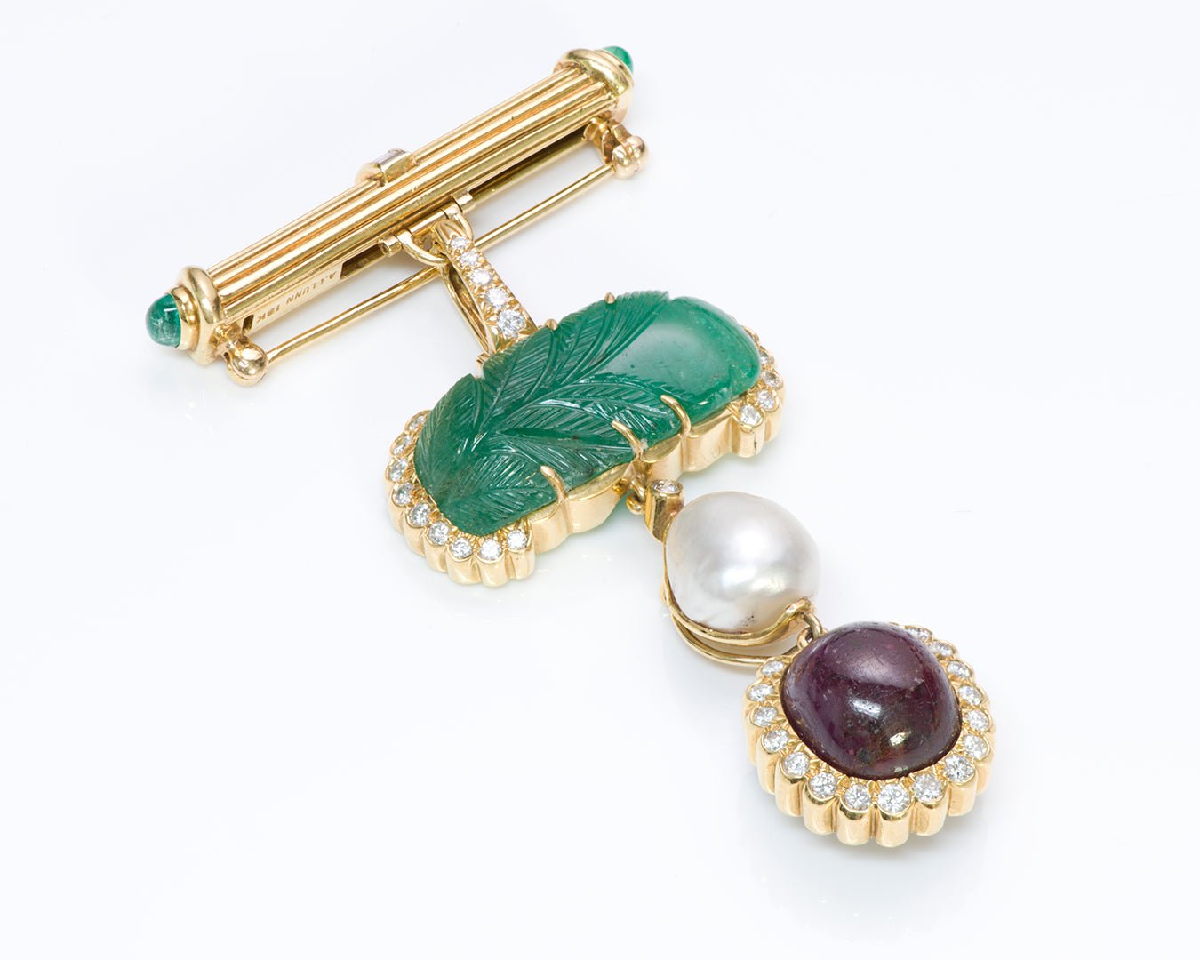 Andrew Clunn 18K Gold Emerald Diamond Pearl Ruby Pendant Pin