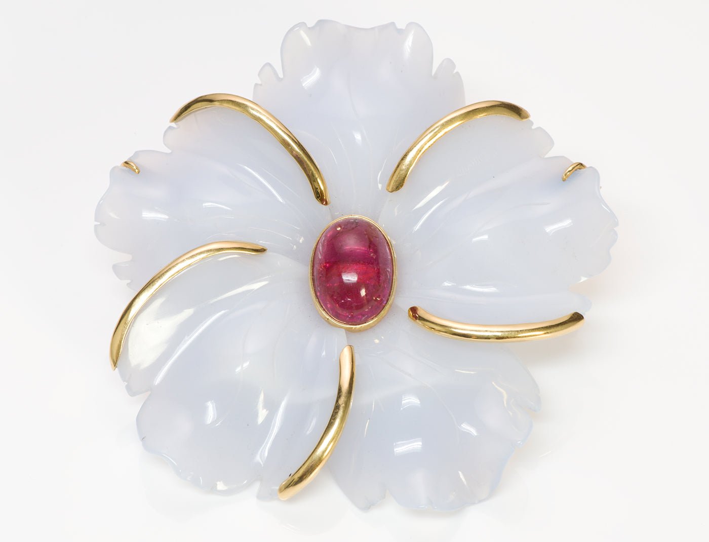 Andrew Clunn Agate Rubelite Flower 18K Gold Brooch