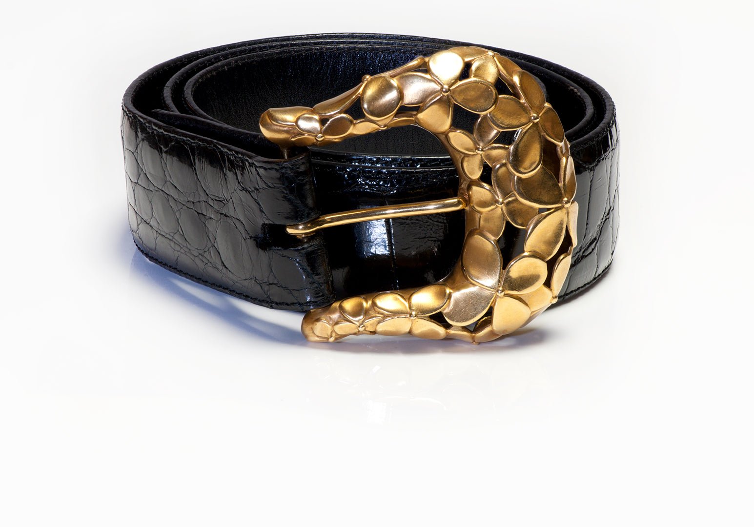 Angela Cummings 18K Gold Floral Buckle Alligator Belt