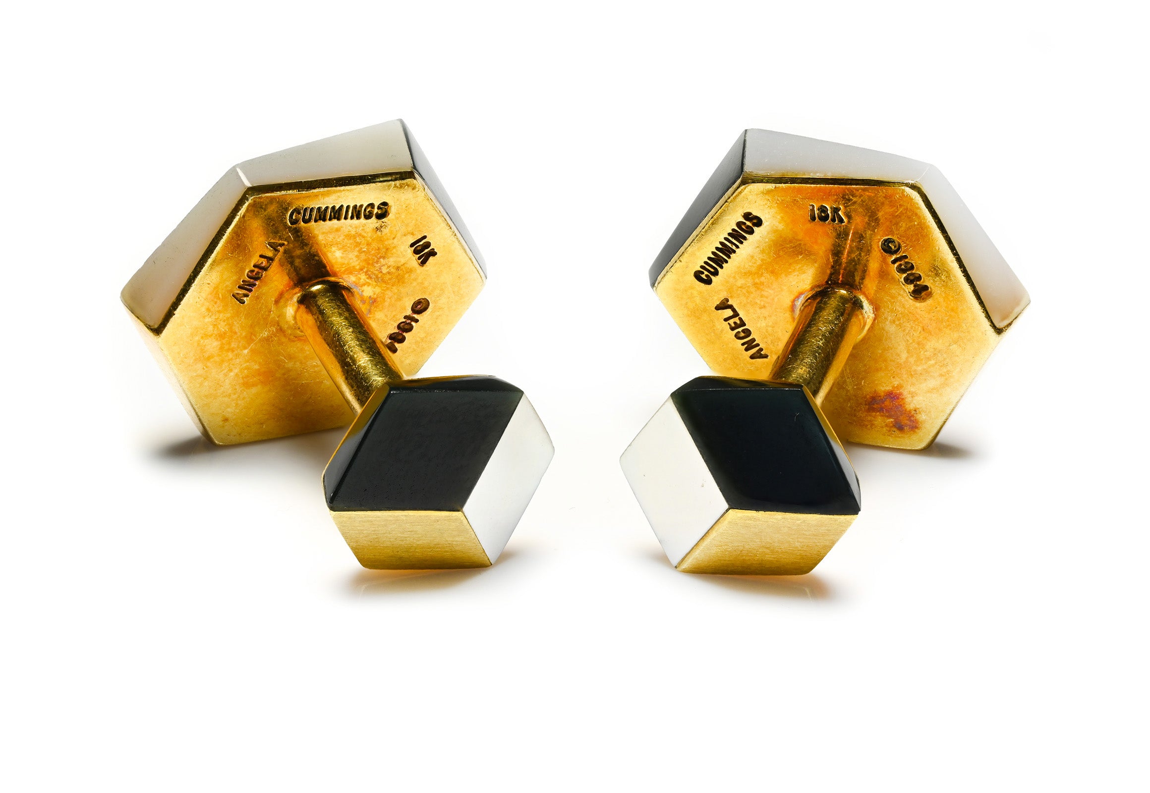 Vintage Angela Cummings 18K Gold Cube Cufflinks Onyx and Mother-of-Pearl