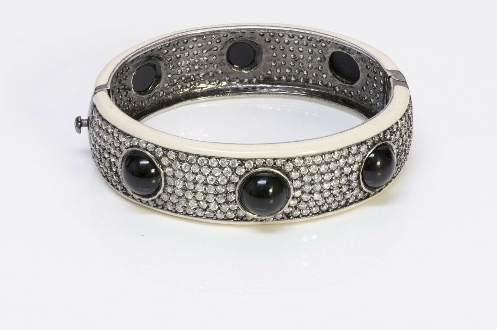 Angelique de Paris Sterling Silver Cabochon Onyx Enamel Crystal Bangle Bracelet