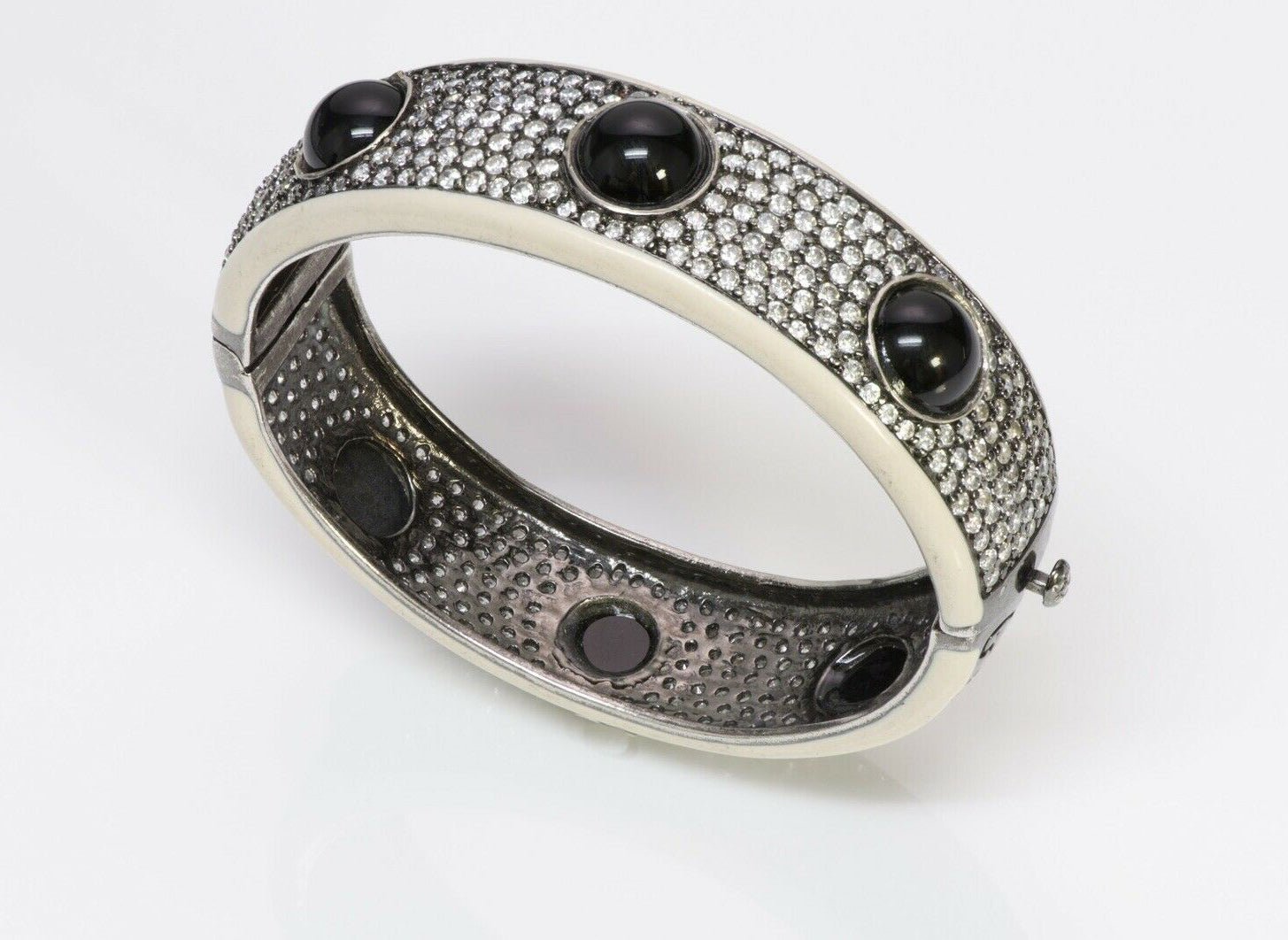 Angelique de Paris Sterling Silver Cabochon Onyx Enamel Crystal Bangle Bracelet