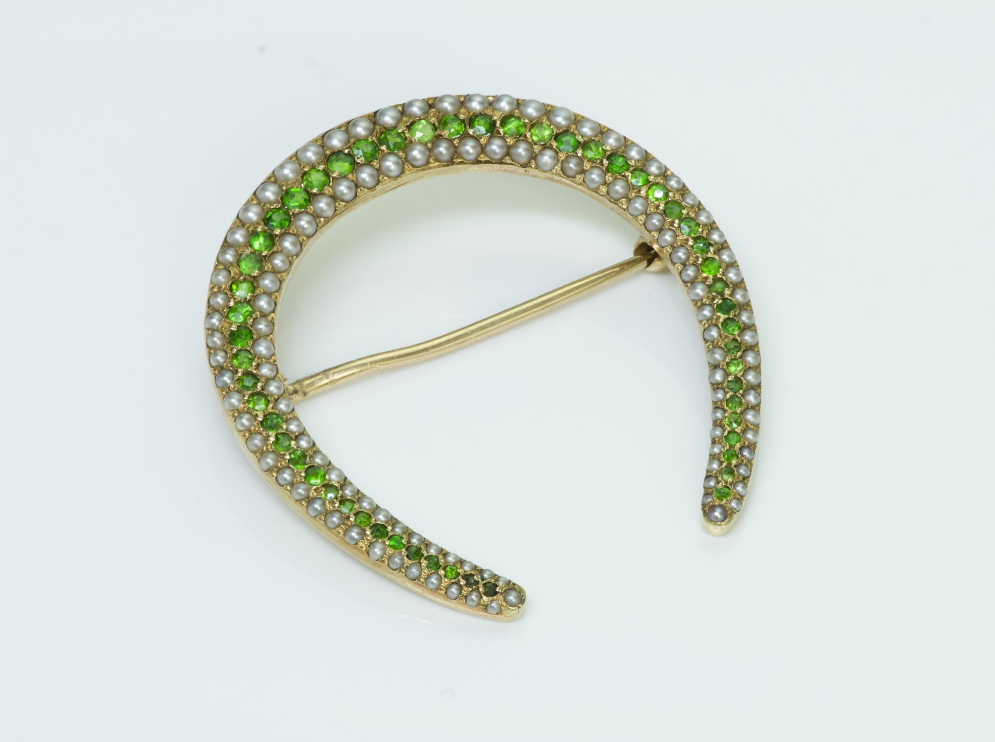 Antique 14K Gold Demantoid Garnet Pearl Horseshoe Brooch Pin
