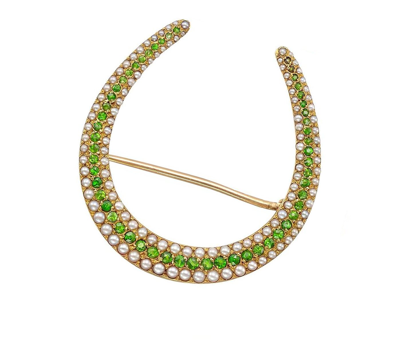 Antique 14K Gold Demantoid Garnet Pearl Horseshoe Brooch Pin