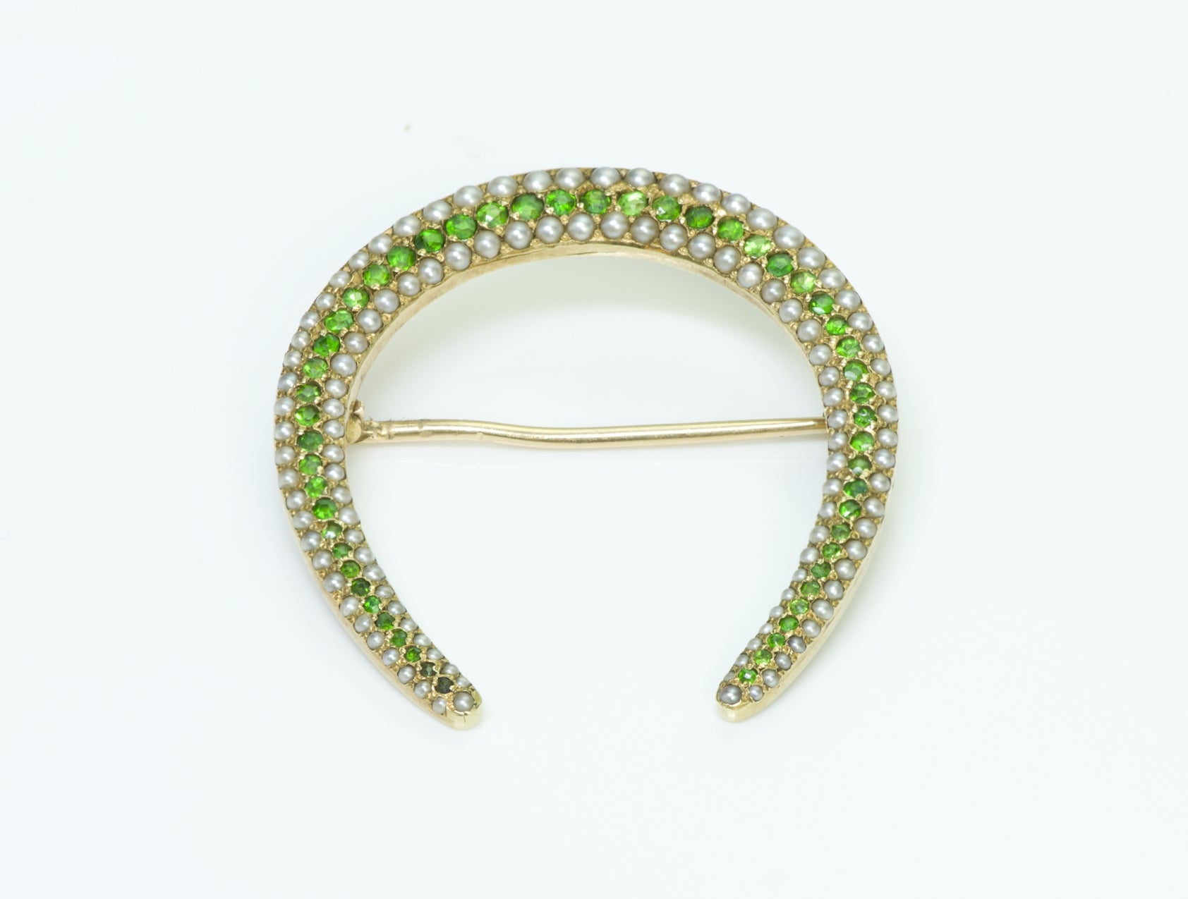 Antique 14K Gold Demantoid Garnet Pearl Horseshoe Brooch Pin