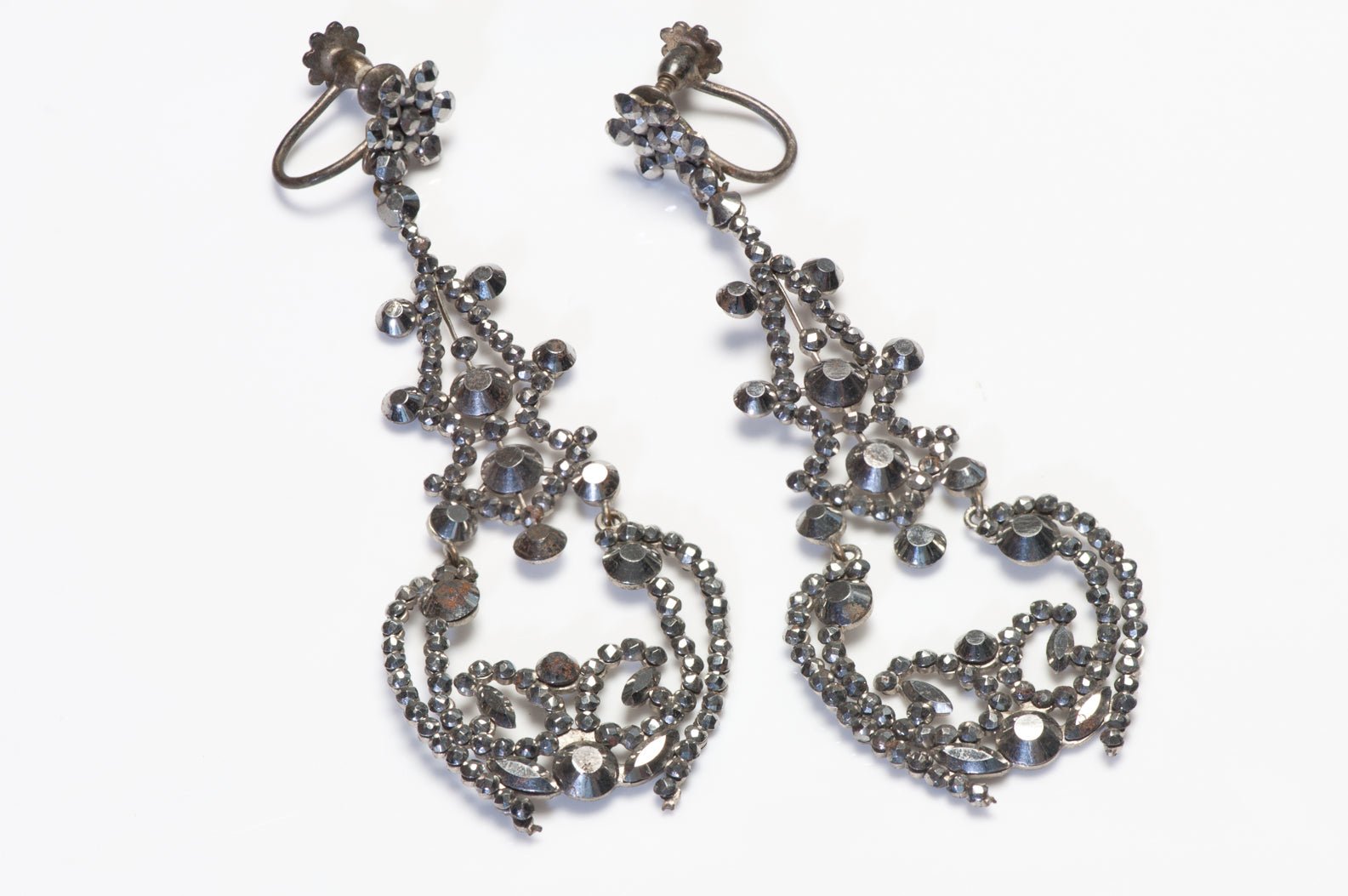 Antique 1850 French Long Chandelier Cut Steel Earrings