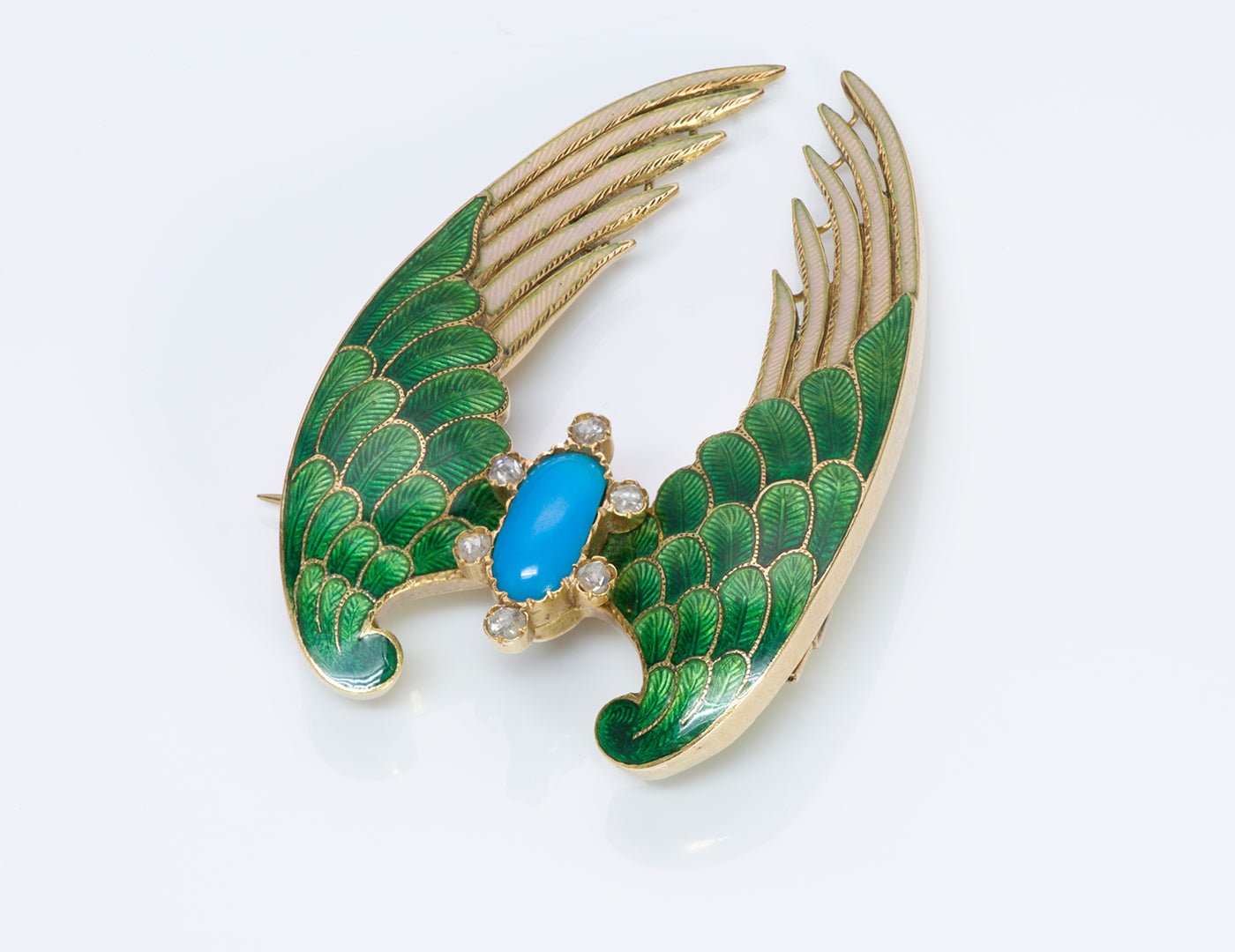 Antique 1860's Gold Enamel Turquoise Diamond Wings Brooch Pin