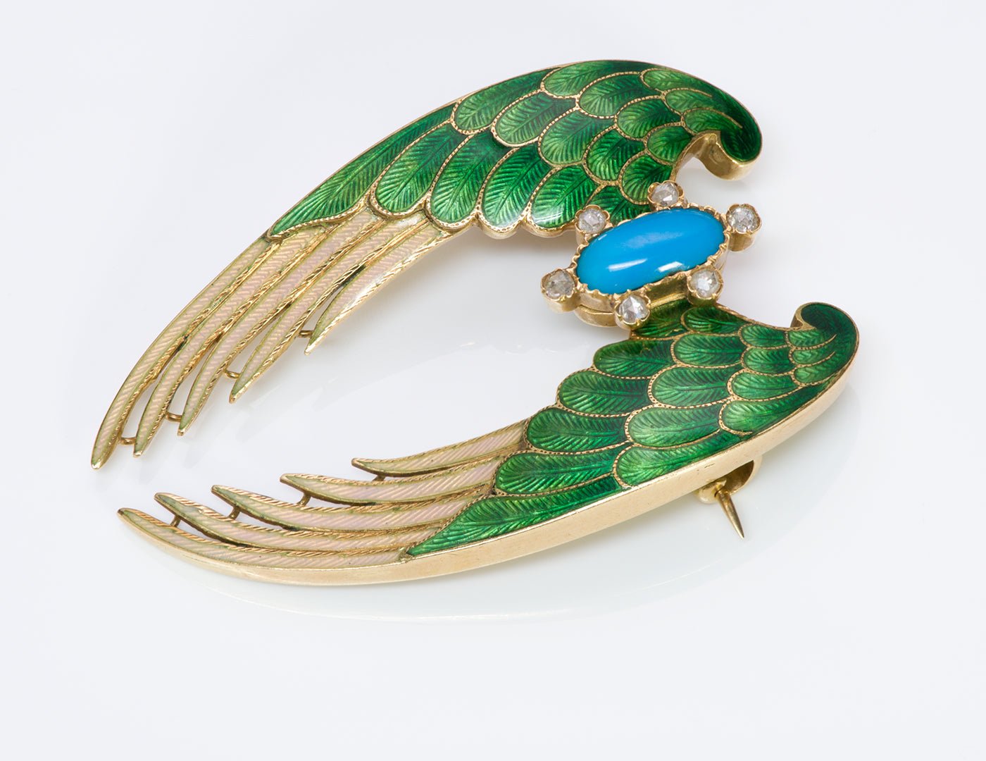 Antique 1860's Gold Enamel Turquoise Diamond Wings Brooch Pin