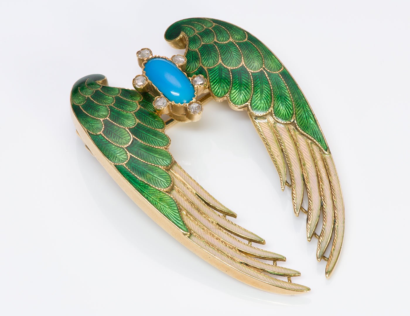 Antique 1860's Gold Enamel Turquoise Diamond Wings Brooch Pin