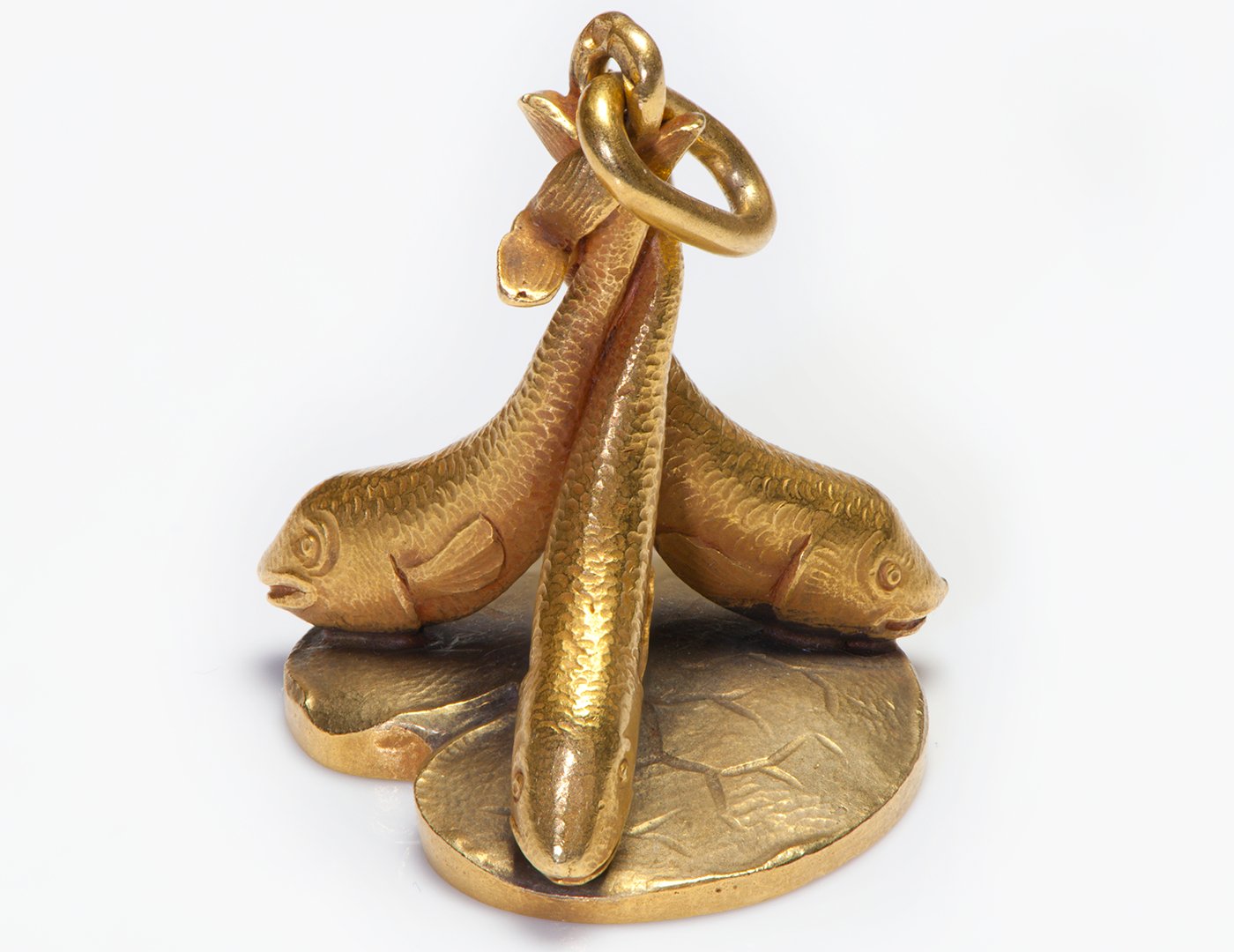 Antique 18K Carved Gold Fish and Lily Pad Fob Pendant