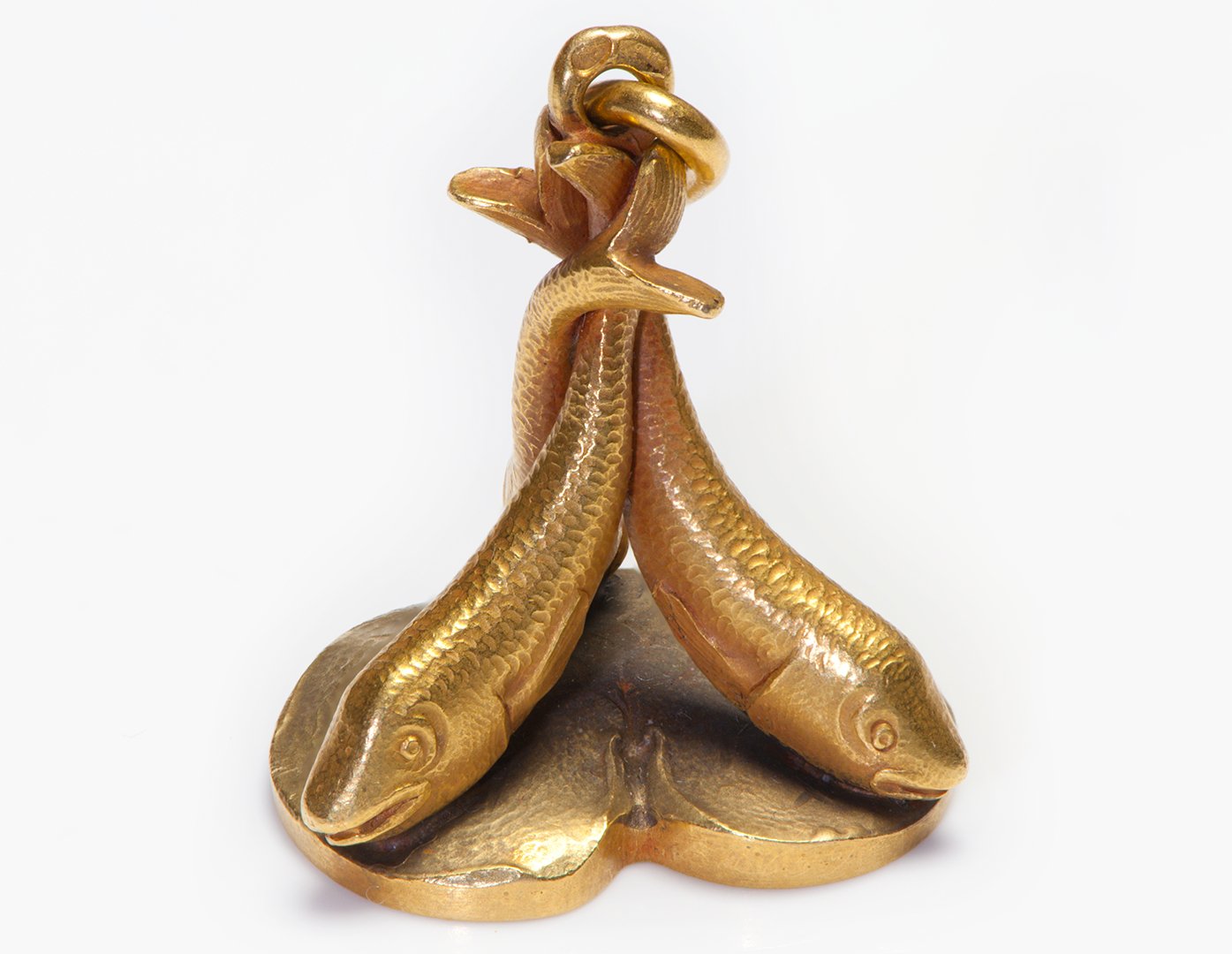 Antique 18K Carved Gold Fish and Lily Pad Fob Pendant