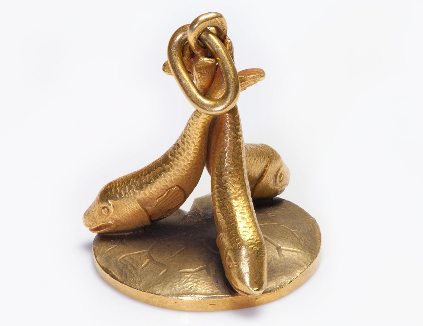 Antique 18K Carved Gold Fish and Lily Pad Fob Pendant
