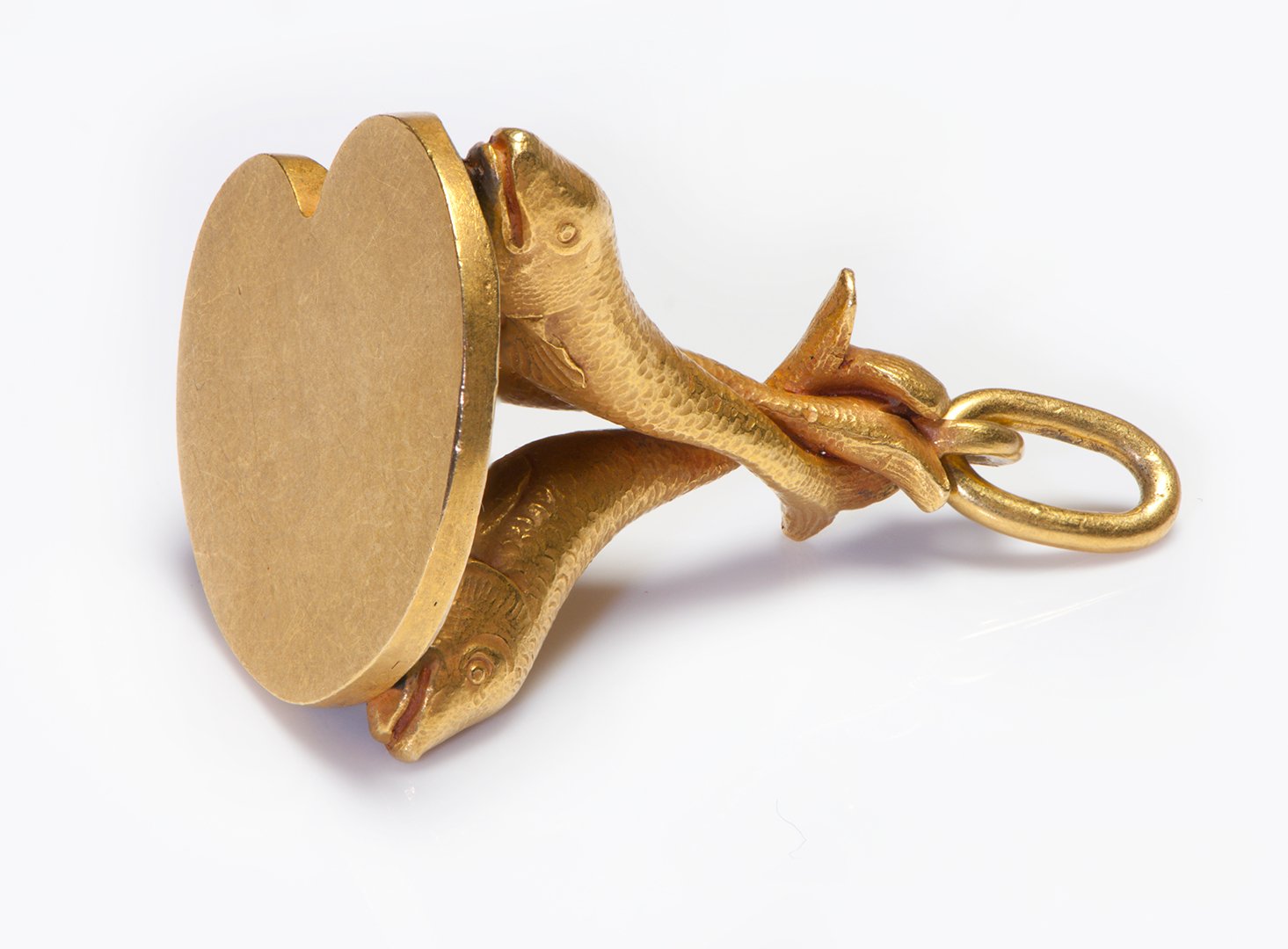 Antique 18K Carved Gold Fish and Lily Pad Fob Pendant