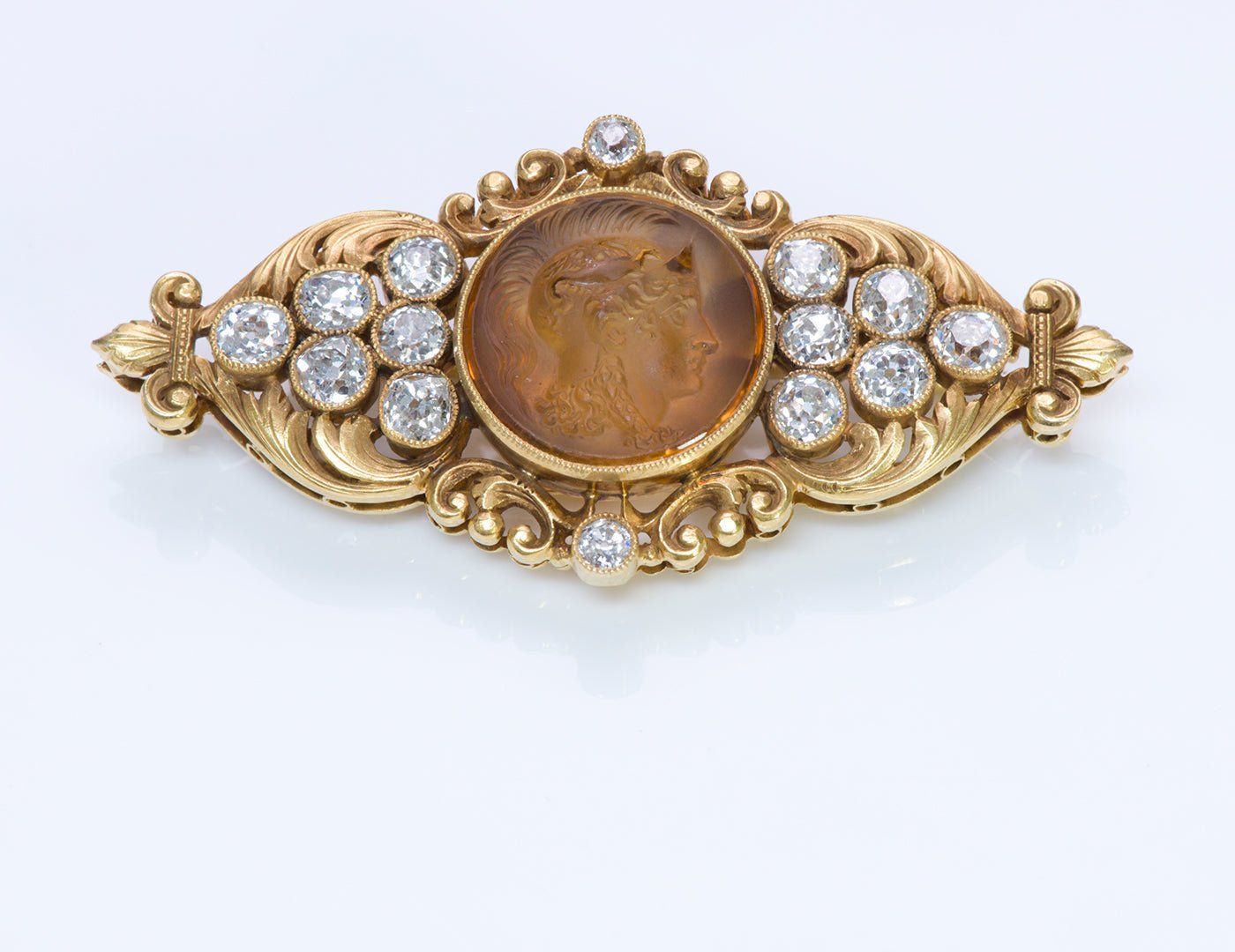 Antique 18K Gold Diamond Citrine Cameo Brooch by Gustav Manz