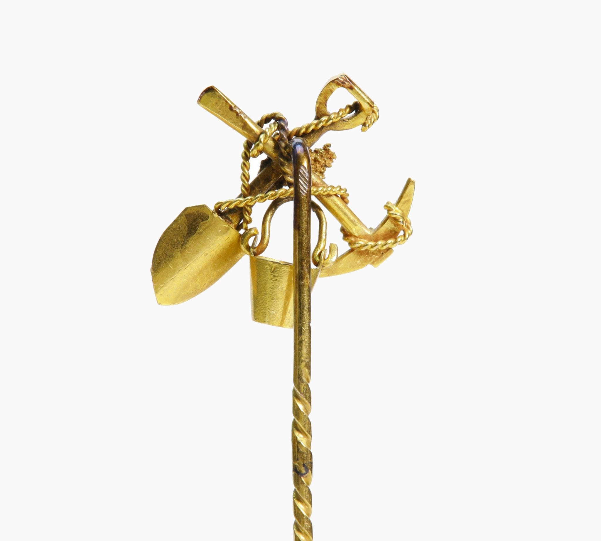 Antique 18K Gold Digger Shovel Bucket Hammer Stick Pin