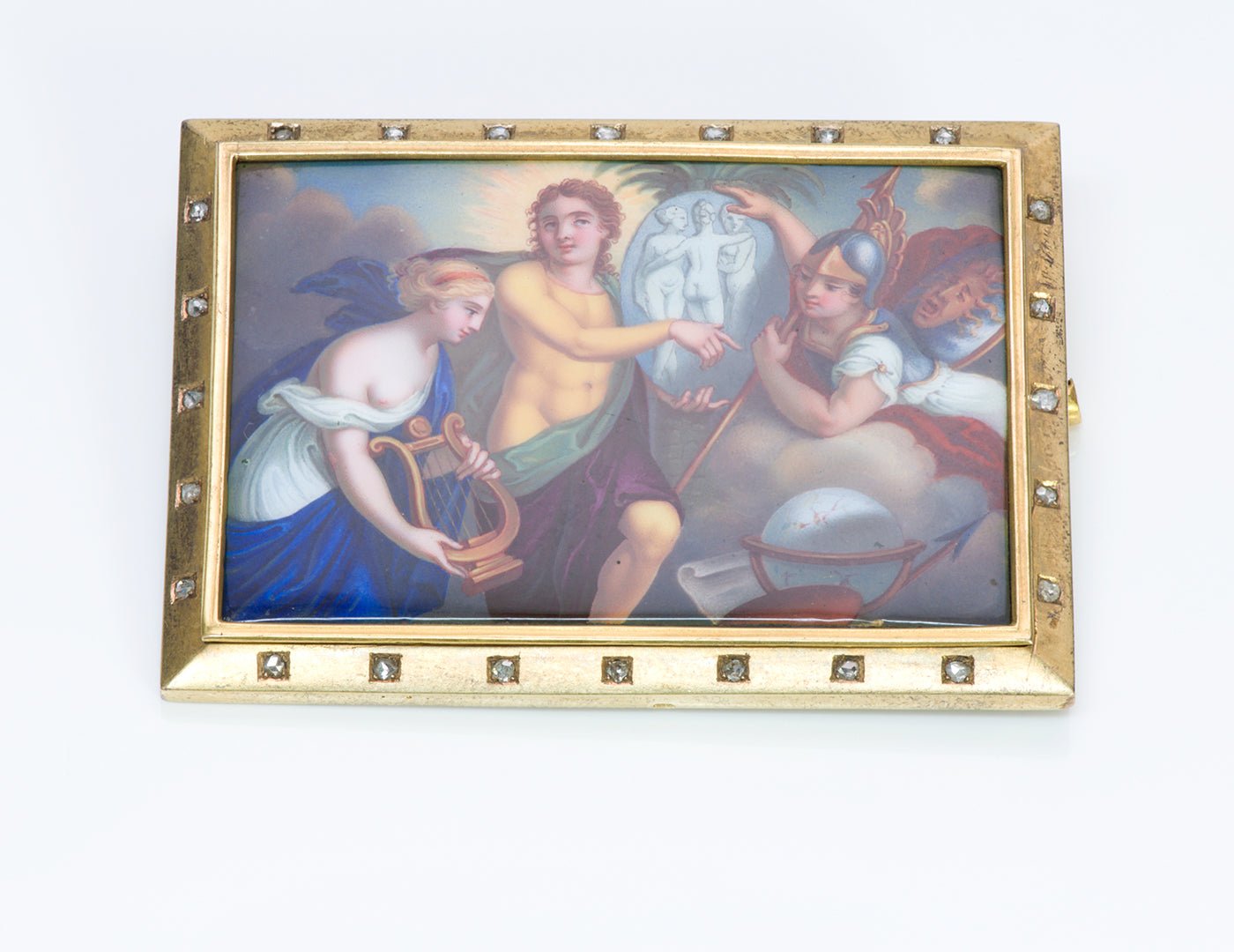 Antique 18K Gold Enamel Diamond Brooch Painting