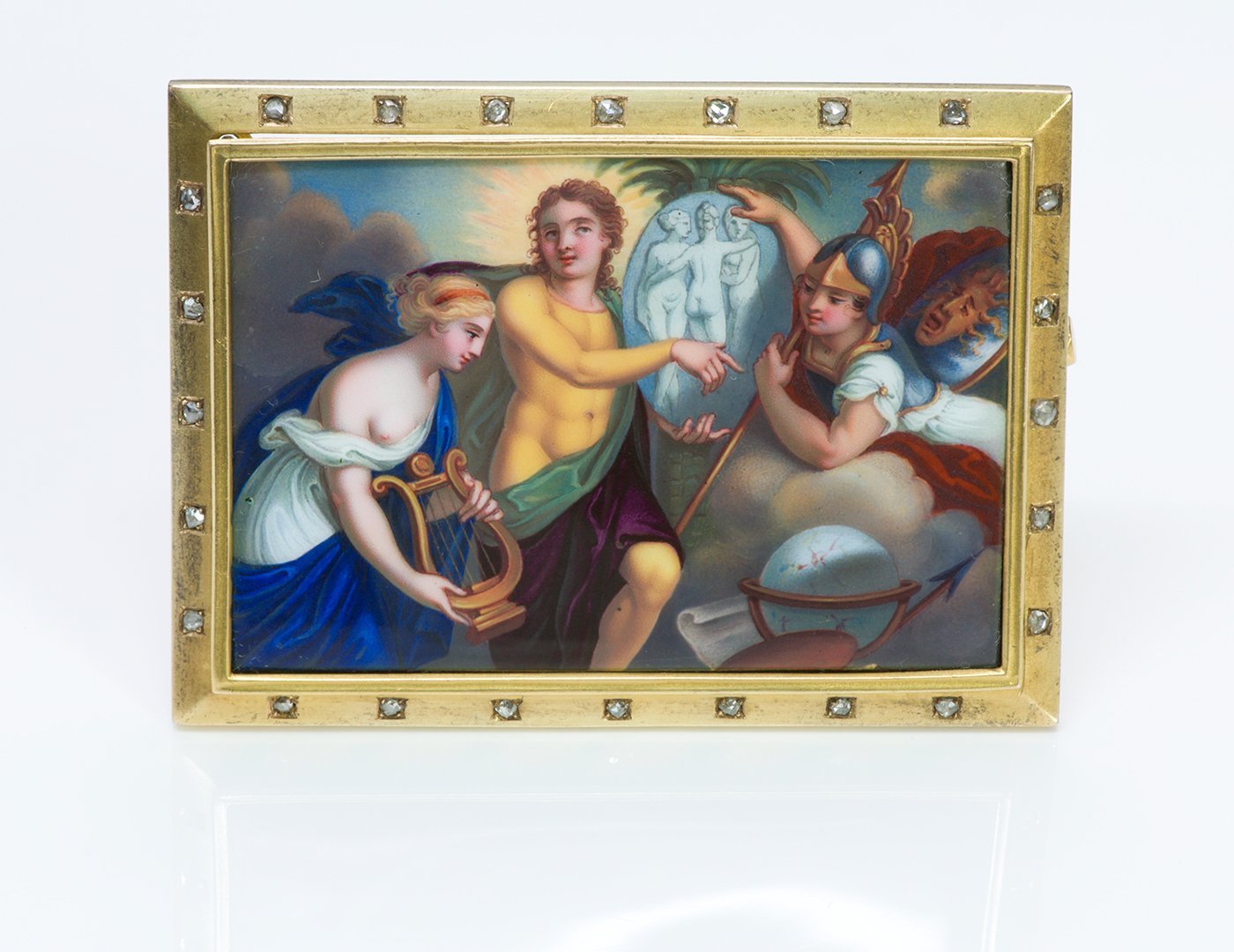Antique 18K Gold Enamel Diamond Brooch Painting
