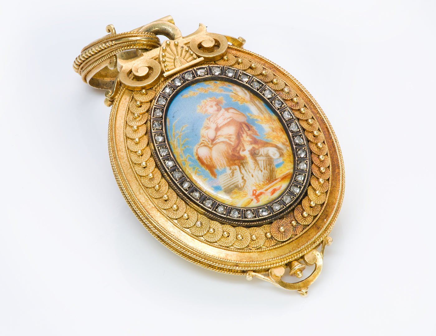 Antique 18K Gold Enamel Diamond Pendant Locket Attributed to Eugène Fontenay
