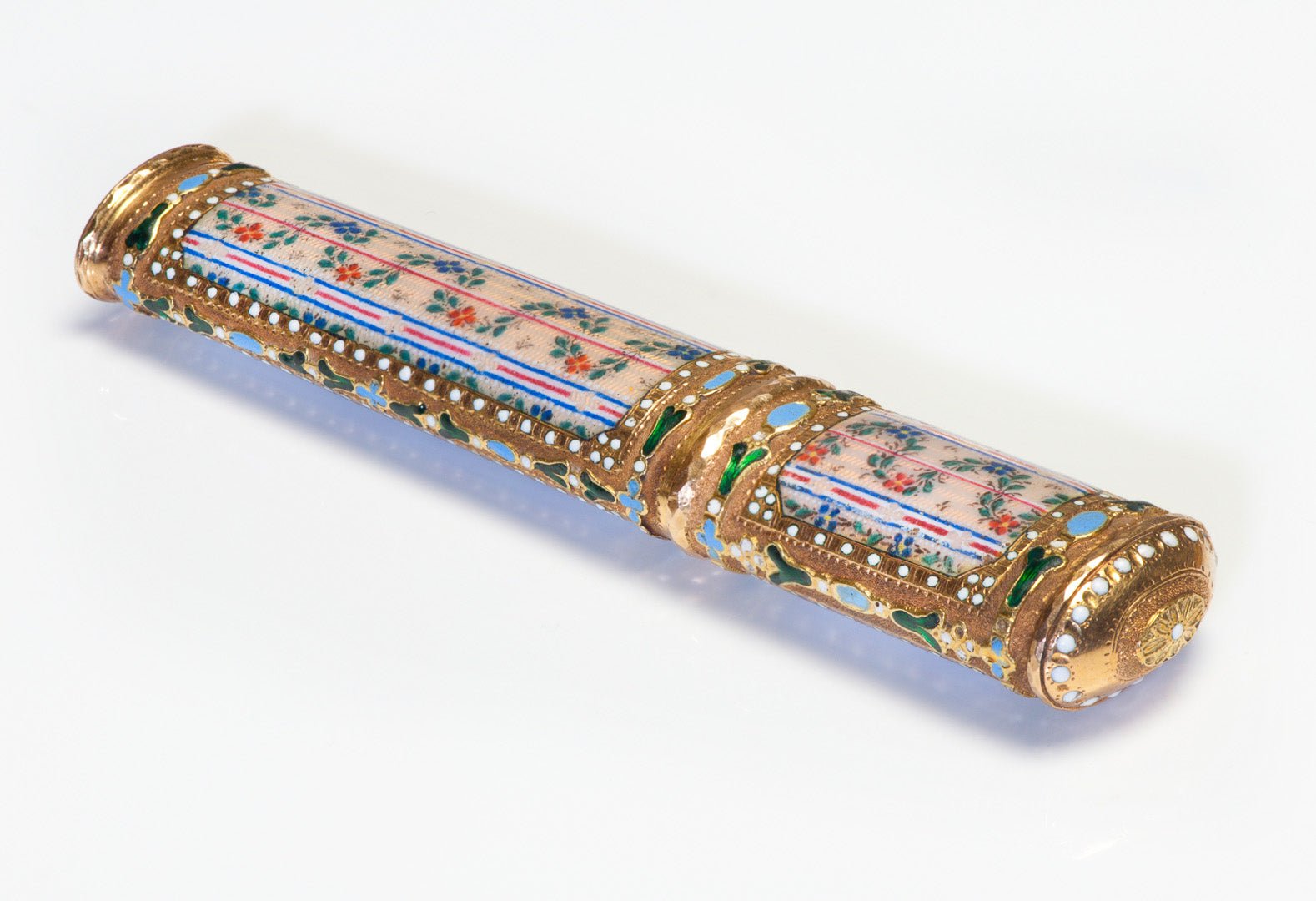 Antique 18K Gold Multicolored Floral Enamel Etui