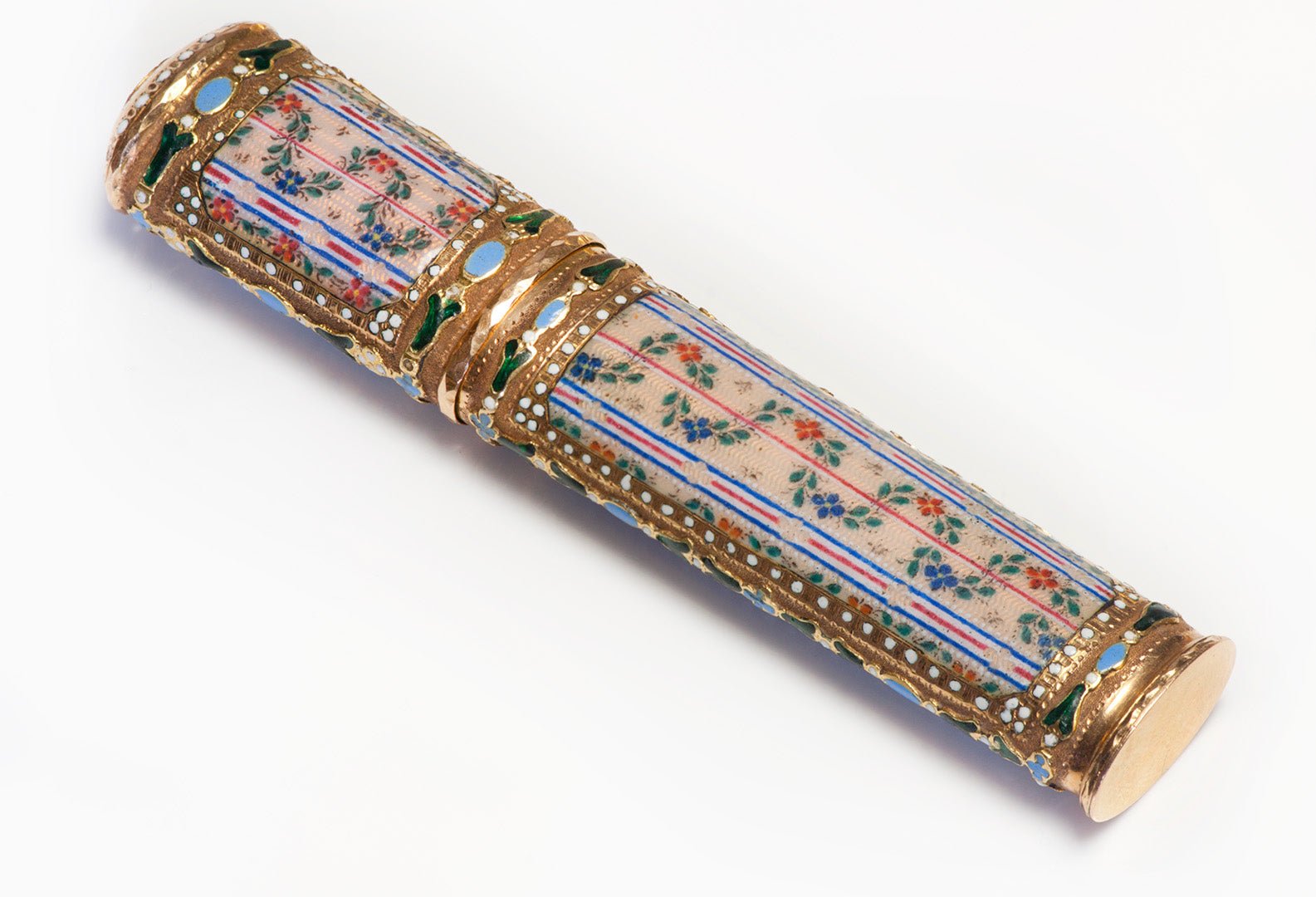 Antique 18K Gold Multicolored Floral Enamel Etui