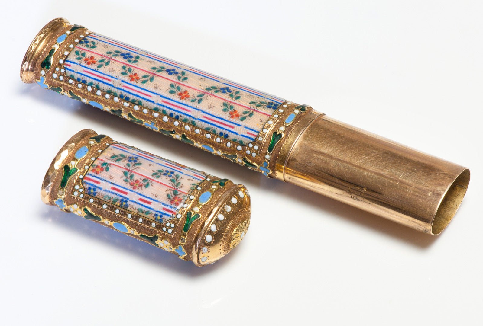 Antique 18K Gold Multicolored Floral Enamel Etui