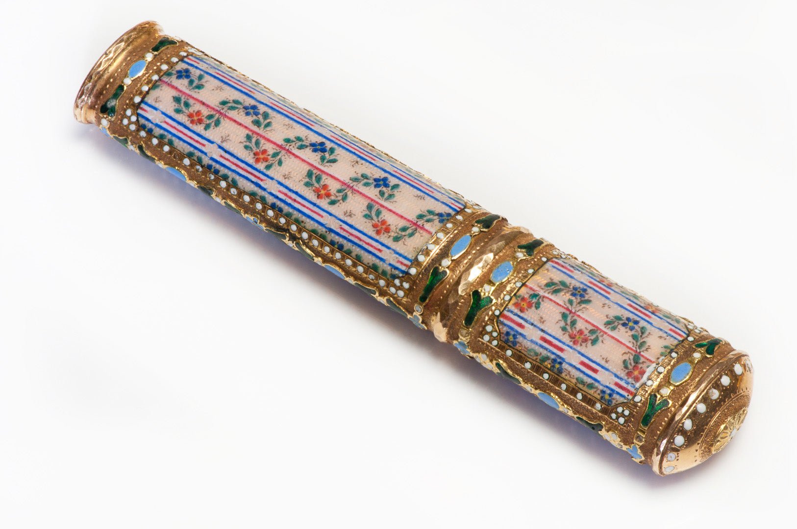 Antique 18K Gold Multicolored Floral Enamel Etui