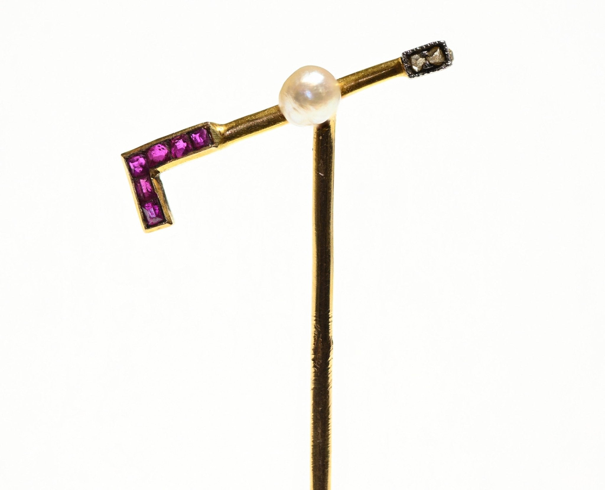 Antique 18K Gold Natural Pearl Ruby Diamond Riding Crop Stick Pin