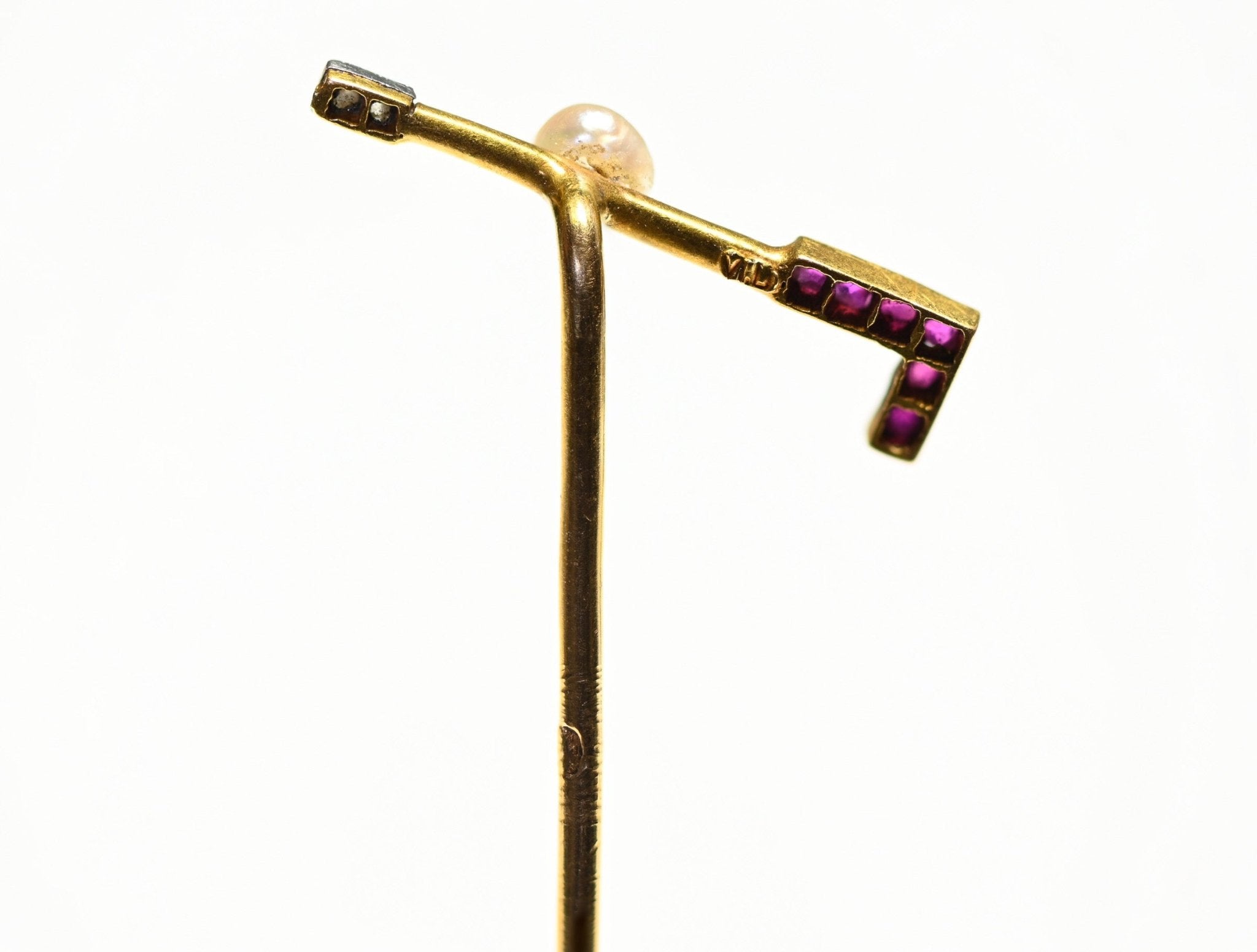 Antique 18K Gold Natural Pearl Ruby Diamond Riding Crop Stick Pin