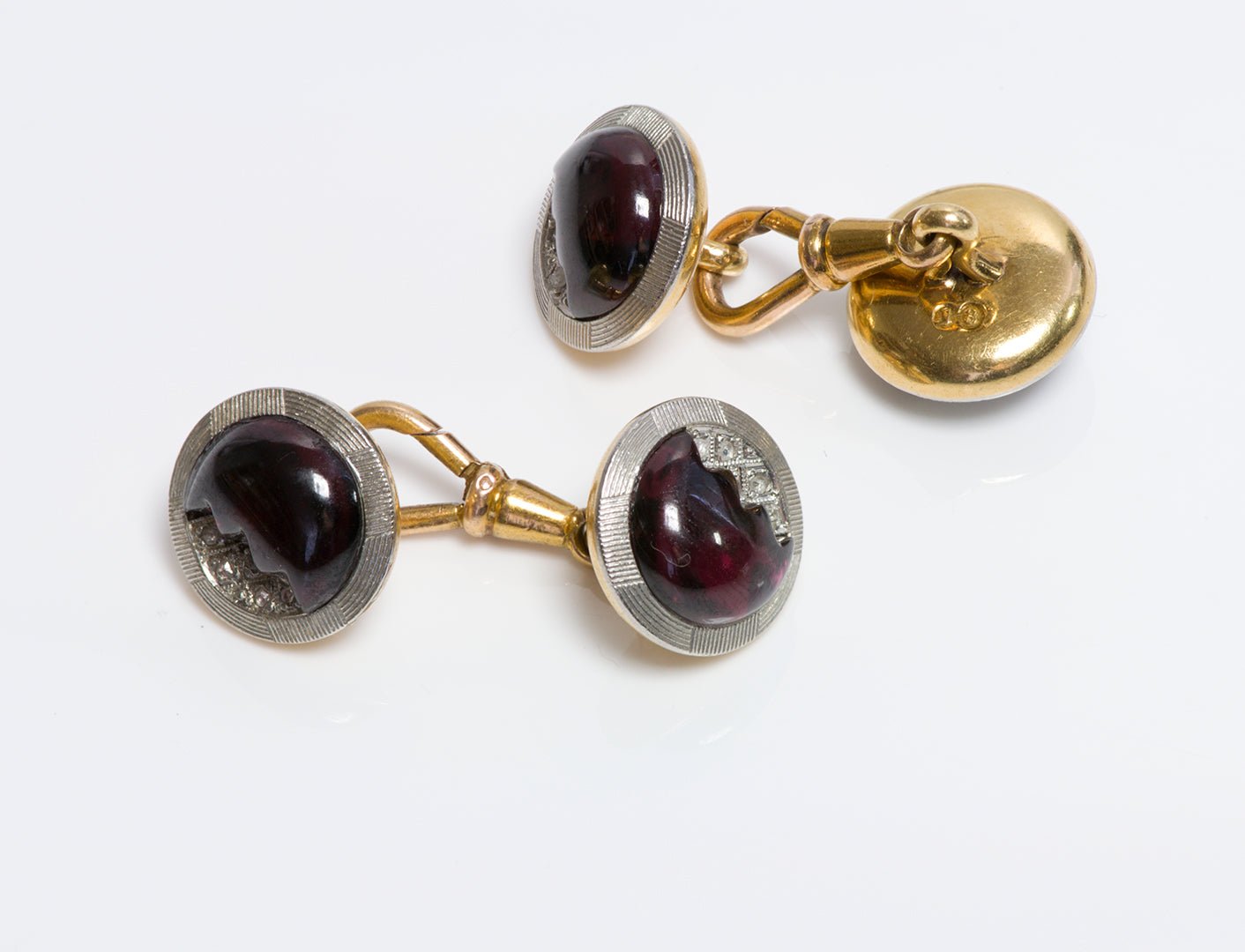 Antique 18K Gold & Platinum Carved Garnet & Diamond Cufflinks